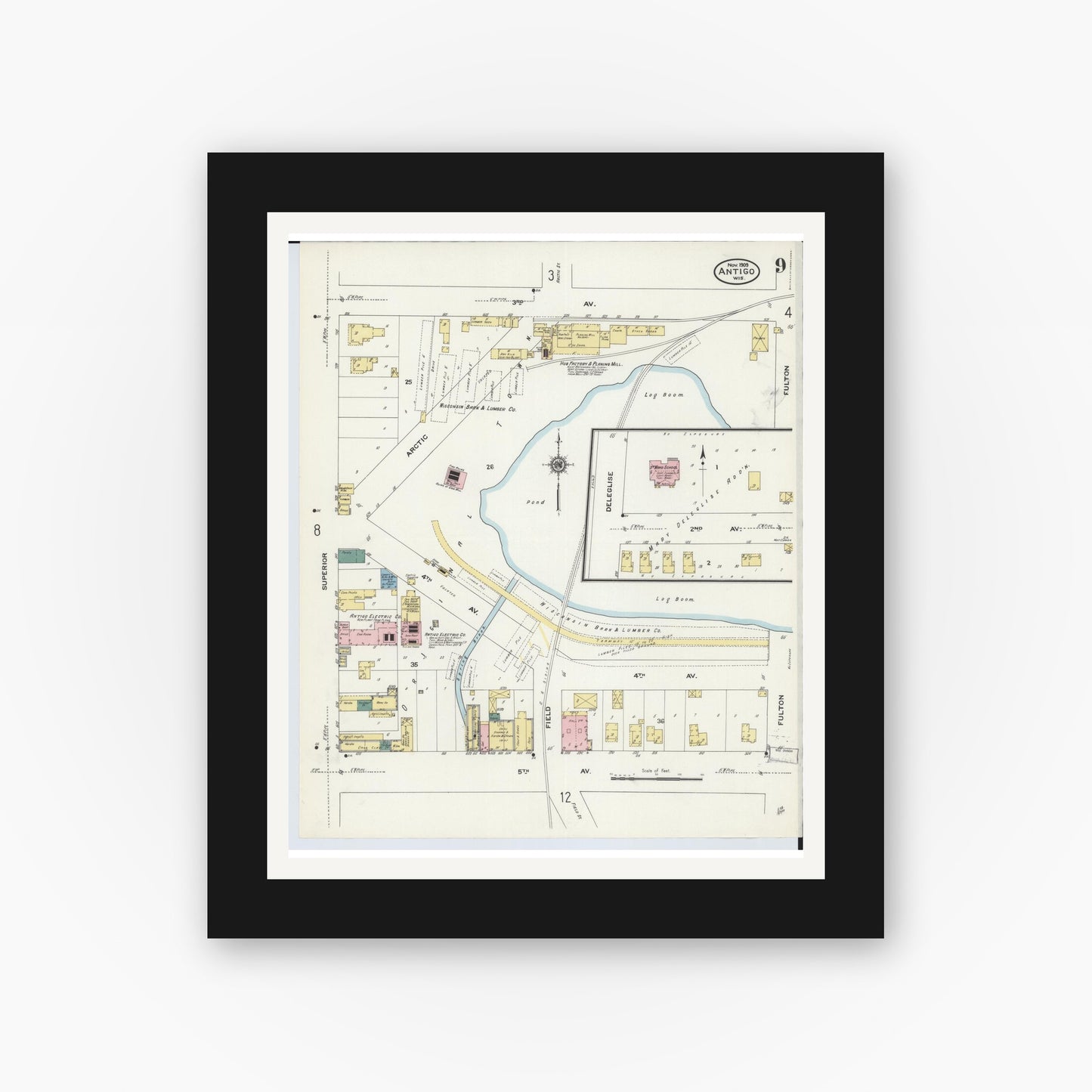 Old map wall art mockup — black gallery frame with white mat — Sanborn Fire Insurance Map from Antigo, Langlade County, Wisconsin (1909), Sheet #0009