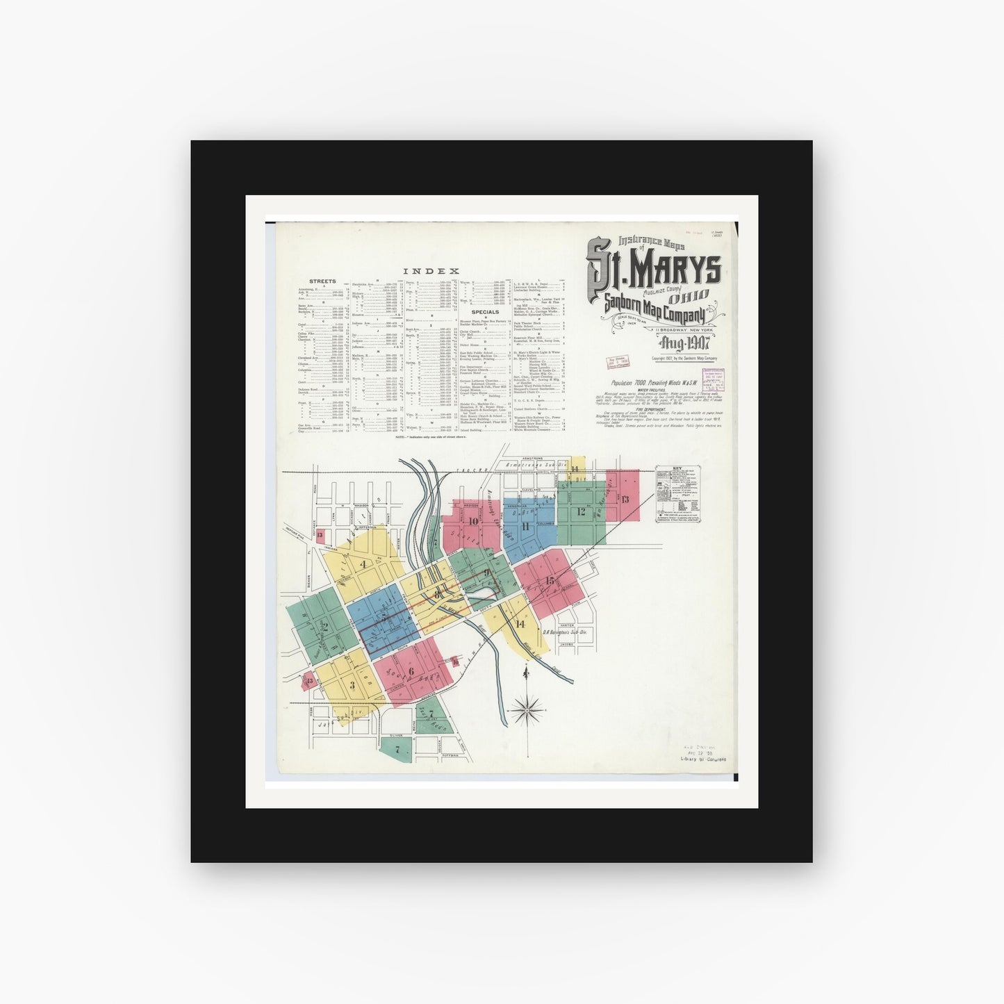 Old map wall art mockup — black gallery frame with white mat — Sanborn Fire Insurance Map from Saint Marys, Auglaize County, Ohio (1907) - Complete Map Set