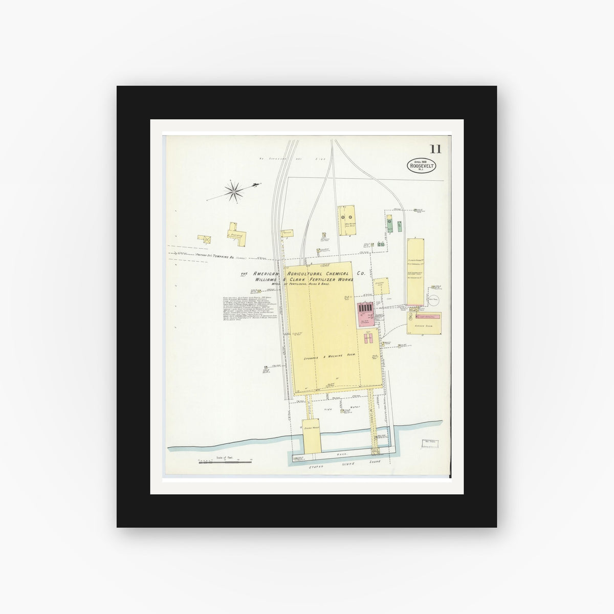 Old map wall art mockup — black gallery frame with white mat — Sanborn Fire Insurance Map from Roosevelt, Middlesex County, New Jersey (1908), Sheet #0011