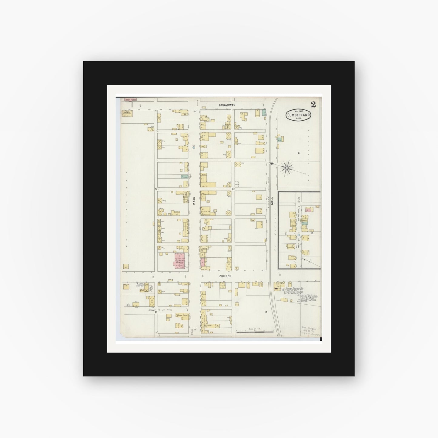 Old map wall art mockup — black gallery frame with white mat — Sanborn Fire Insurance Map from Cumberland, Guernsey County, Ohio (1895), Sheet #0002