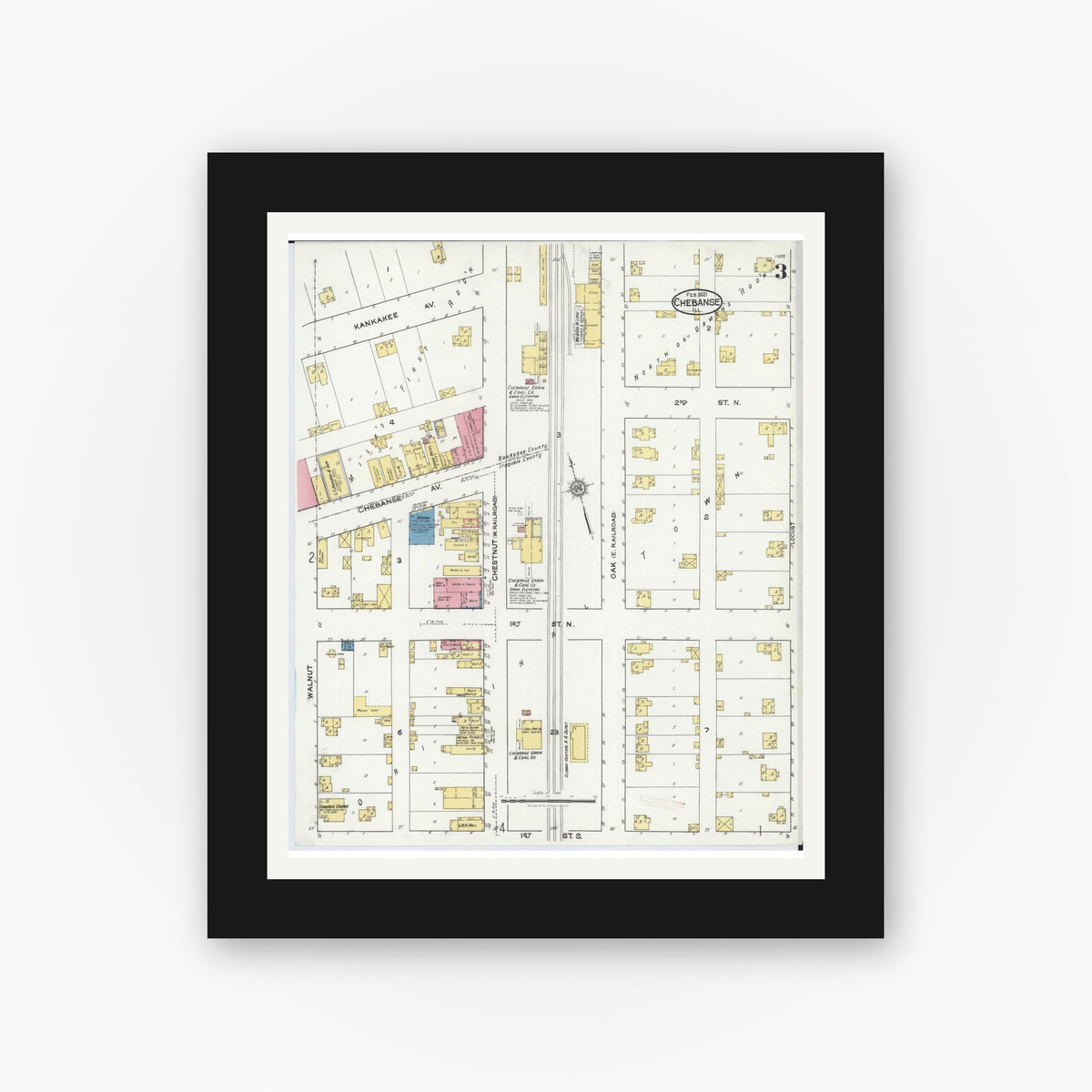 Old map wall art mockup — black gallery frame with white mat — Sanborn Fire Insurance Map from Chebanse, Iroquois And Kankakee County, Illinois (1921), Sheet #0003
