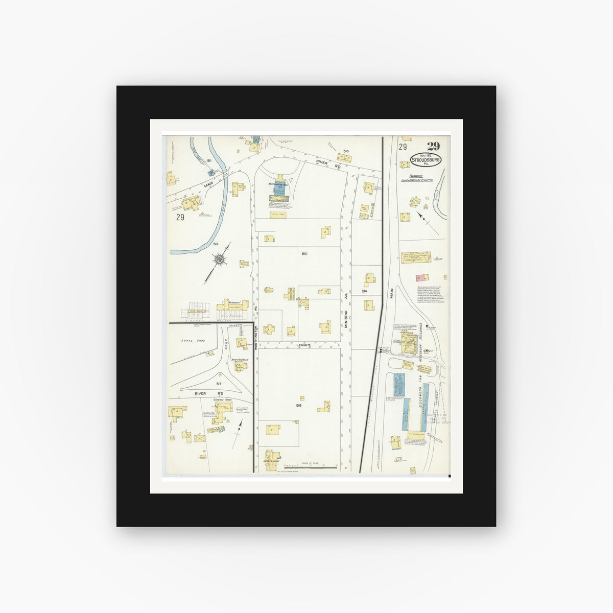 Old map wall art mockup β black gallery frame with white mat β Sanborn Fire Insurance Map from Stroudsburg, Monroe County, Pennsylvania (1912), Sheet #0029