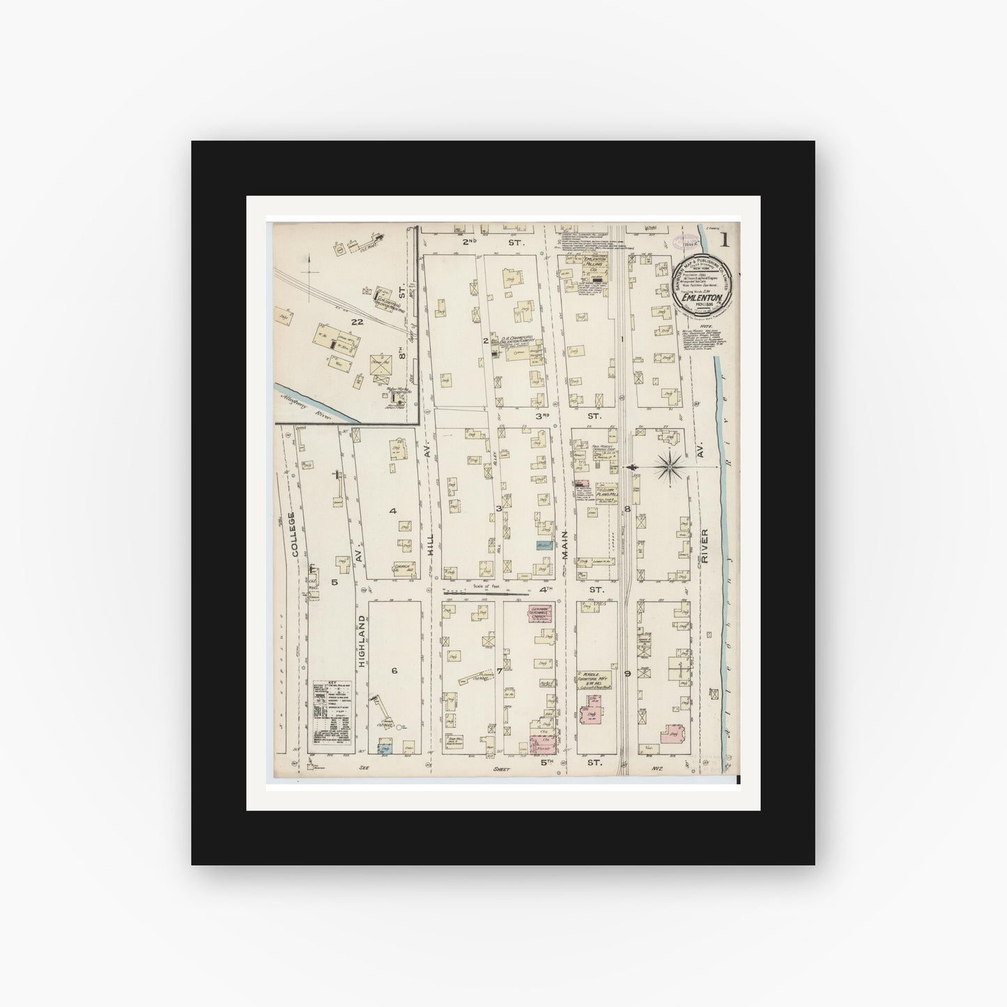 Old map wall art mockup — black gallery frame with white mat — Sanborn Fire Insurance Map from Emlenton, Venango County, Pennsylvania (1886), Sheet #0001