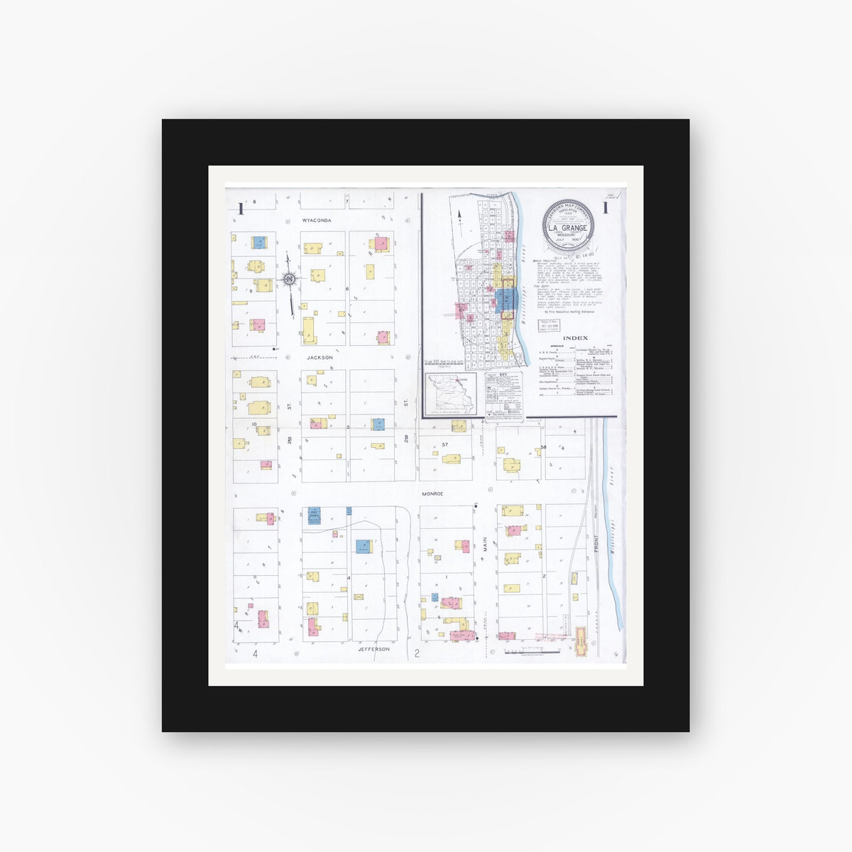 Old map wall art mockup — black gallery frame with white mat — Sanborn Fire Insurance Map from La Grange, Lewis County, Missouri (1930) - Complete Map Set