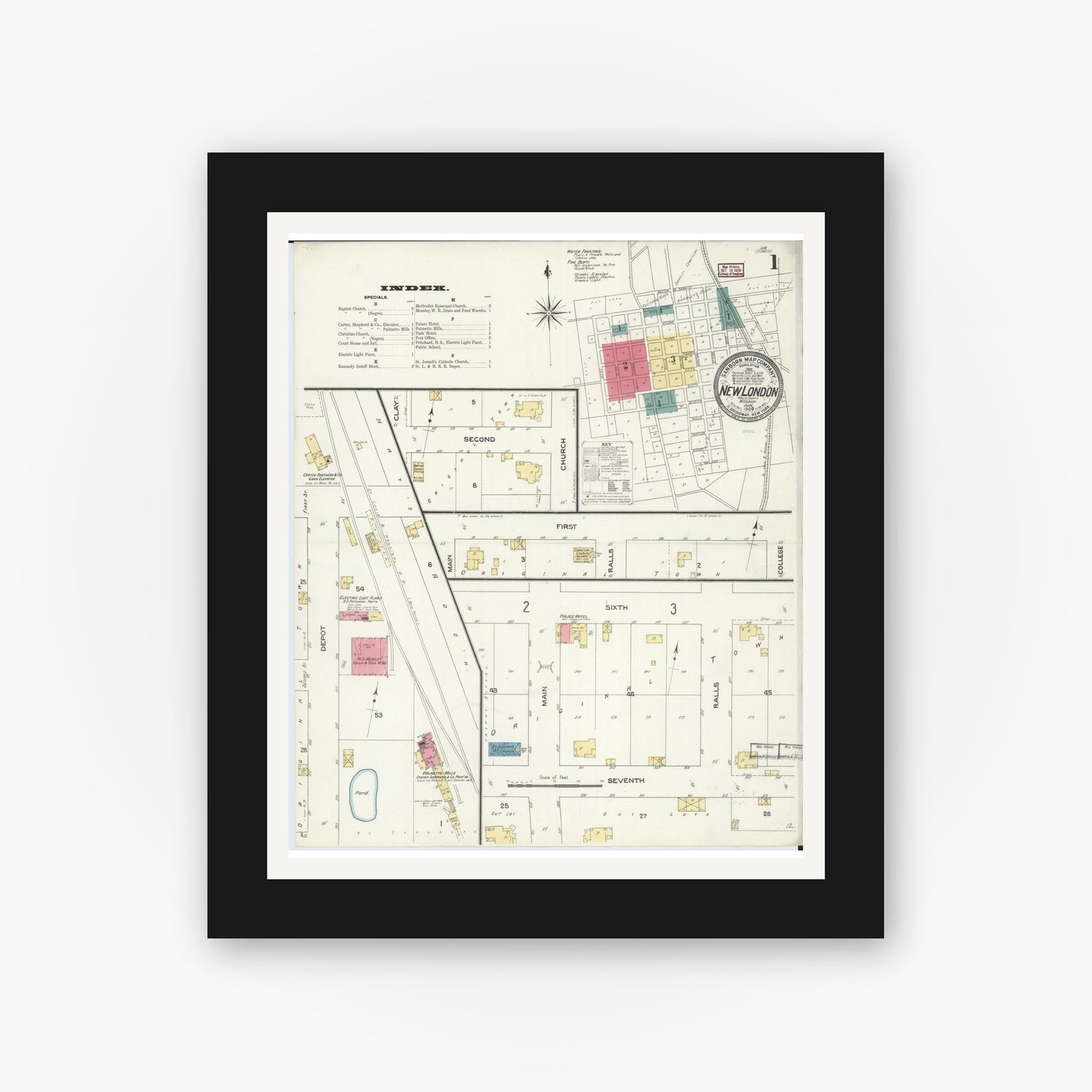 Old map wall art mockup — black gallery frame with white mat — Sanborn Fire Insurance Map from New London, Ralls County, Missouri (1909), Sheet #0001