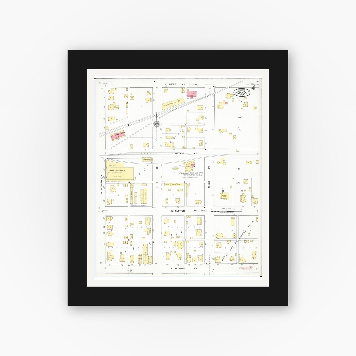 Old map wall art mockup β black gallery frame with white mat β Sanborn Fire Insurance Map from Indianola, Warren County, Iowa (1918), Sheet #0004