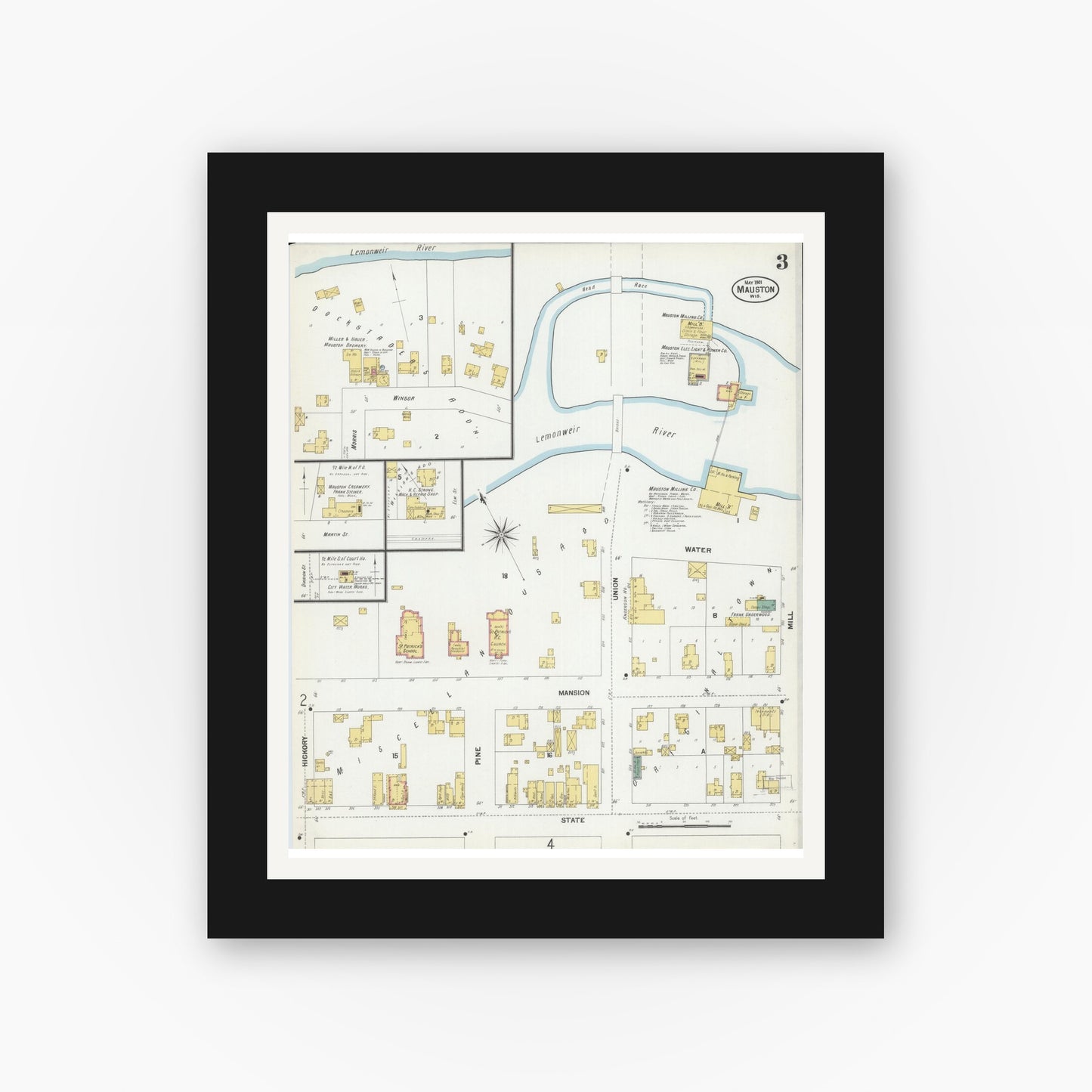 Old map wall art mockup — black gallery frame with white mat — Sanborn Fire Insurance Map from Mauston, Juneau County, Wisconsin (1901), Sheet #0003