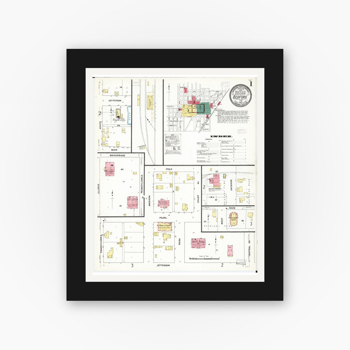 Old map wall art mockup — black gallery frame with white mat — Sanborn Fire Insurance Map from Bedford, Taylor County, Iowa (1909), Sheet #0001