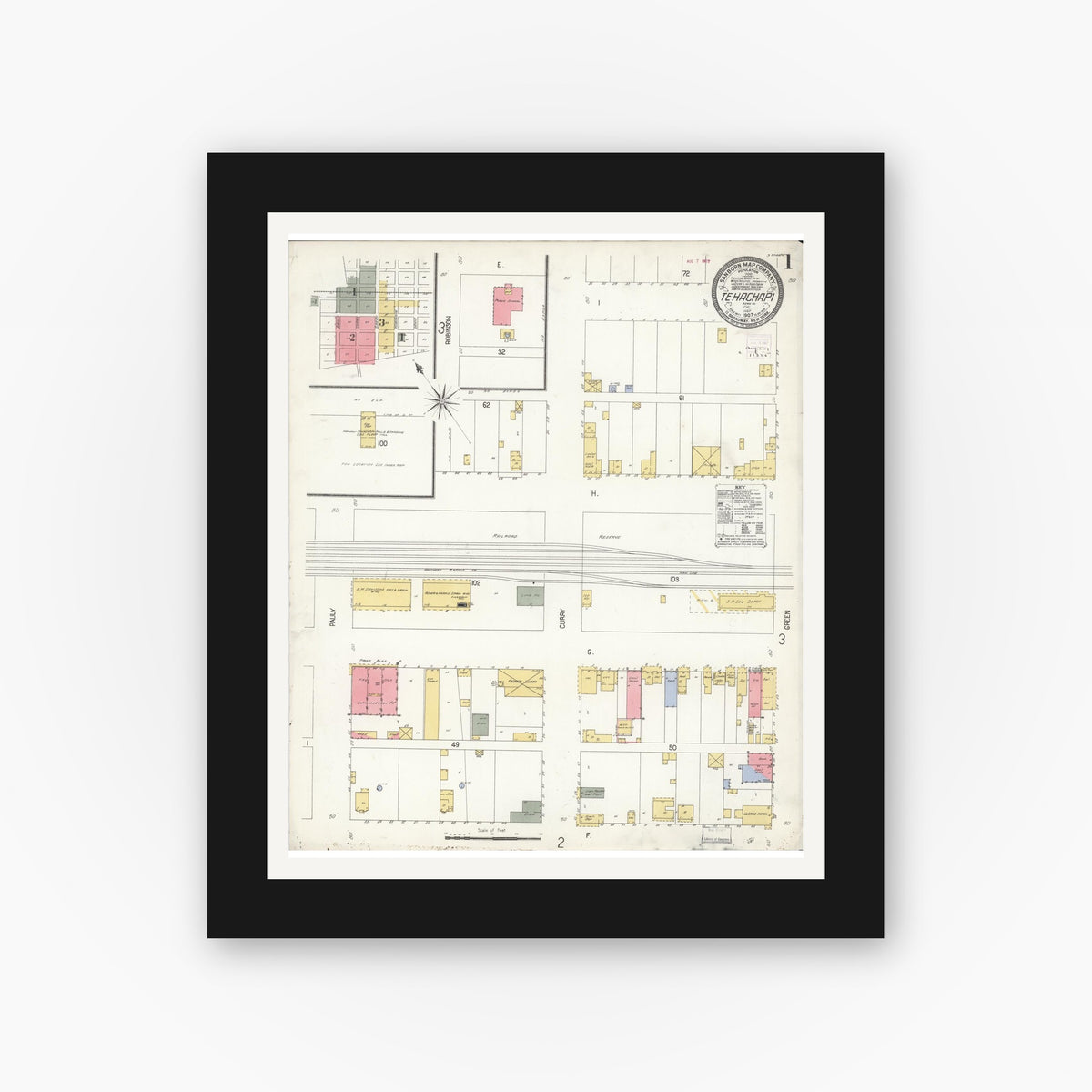Old map wall art mockup — black gallery frame with white mat — Sanborn Fire Insurance Map from Tehachapi, Kern County, California (1907) - Complete Map Set