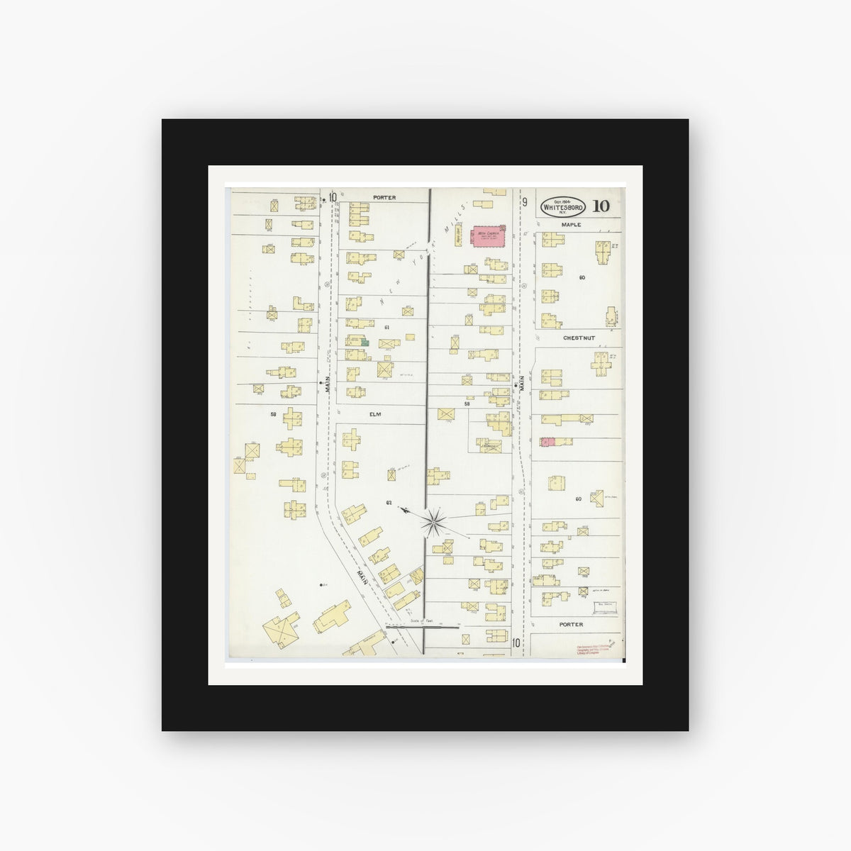 Old map wall art mockup — black gallery frame with white mat — Sanborn Fire Insurance Map from Whitesboro, Oneida County, New York (1904), Sheet #0010