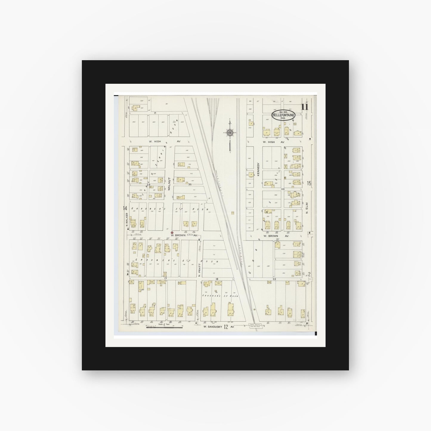 Old map wall art mockup — black gallery frame with white mat — Sanborn Fire Insurance Map from Bellefontaine, Logan County, Ohio (1914), Sheet #0011