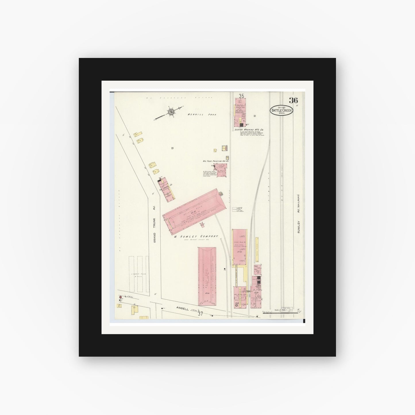 Old map wall art mockup — black gallery frame with white mat — Sanborn Fire Insurance Map from Battle Creek, Calhoun County, Michigan (1913), Sheet #0036