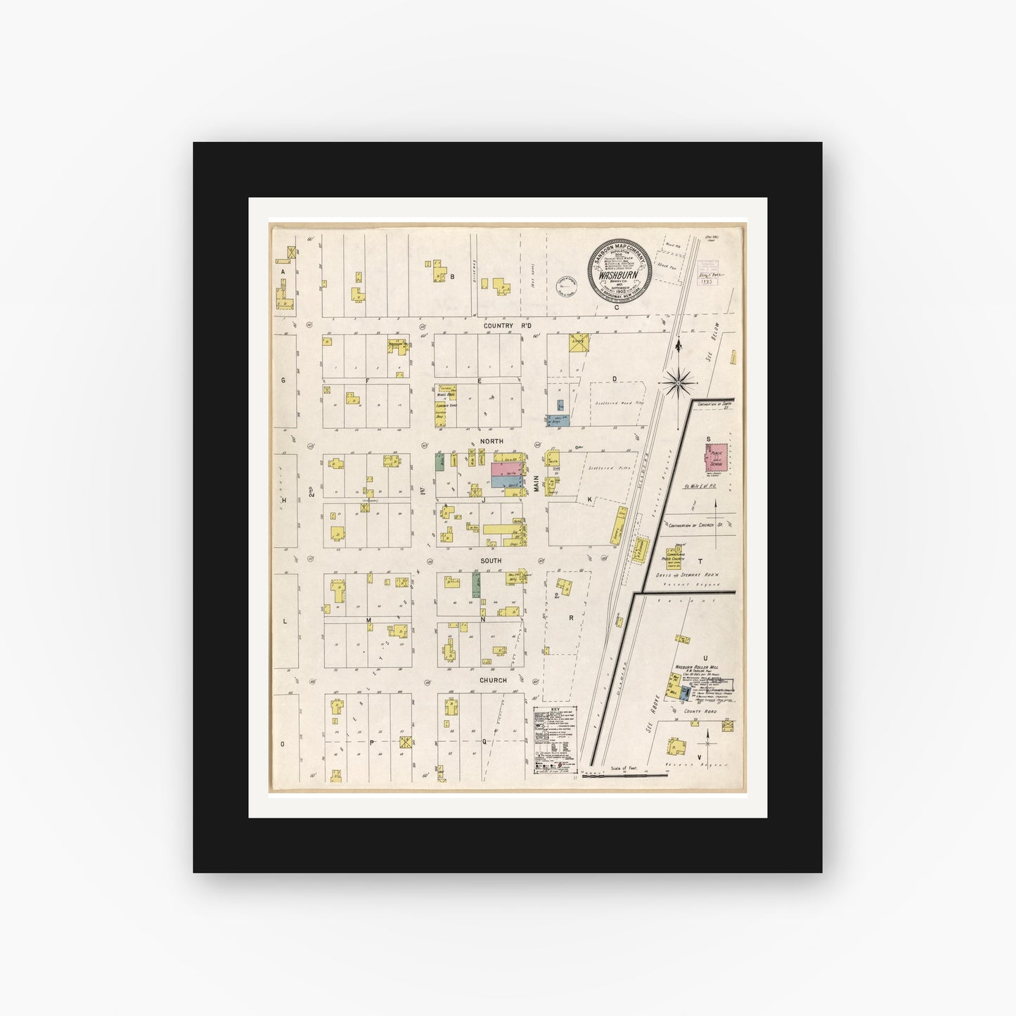 Old map wall art mockup — black gallery frame with white mat — Sanborn Fire Insurance Map from Washburn, Barry County, Missouri (1902), Sheet #0001