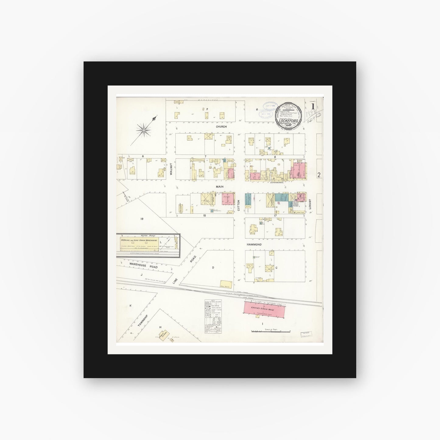 Old map wall art mockup — black gallery frame with white mat — Sanborn Fire Insurance Map from Lockeford, San Joaquin County, California (1898), Sheet #0001