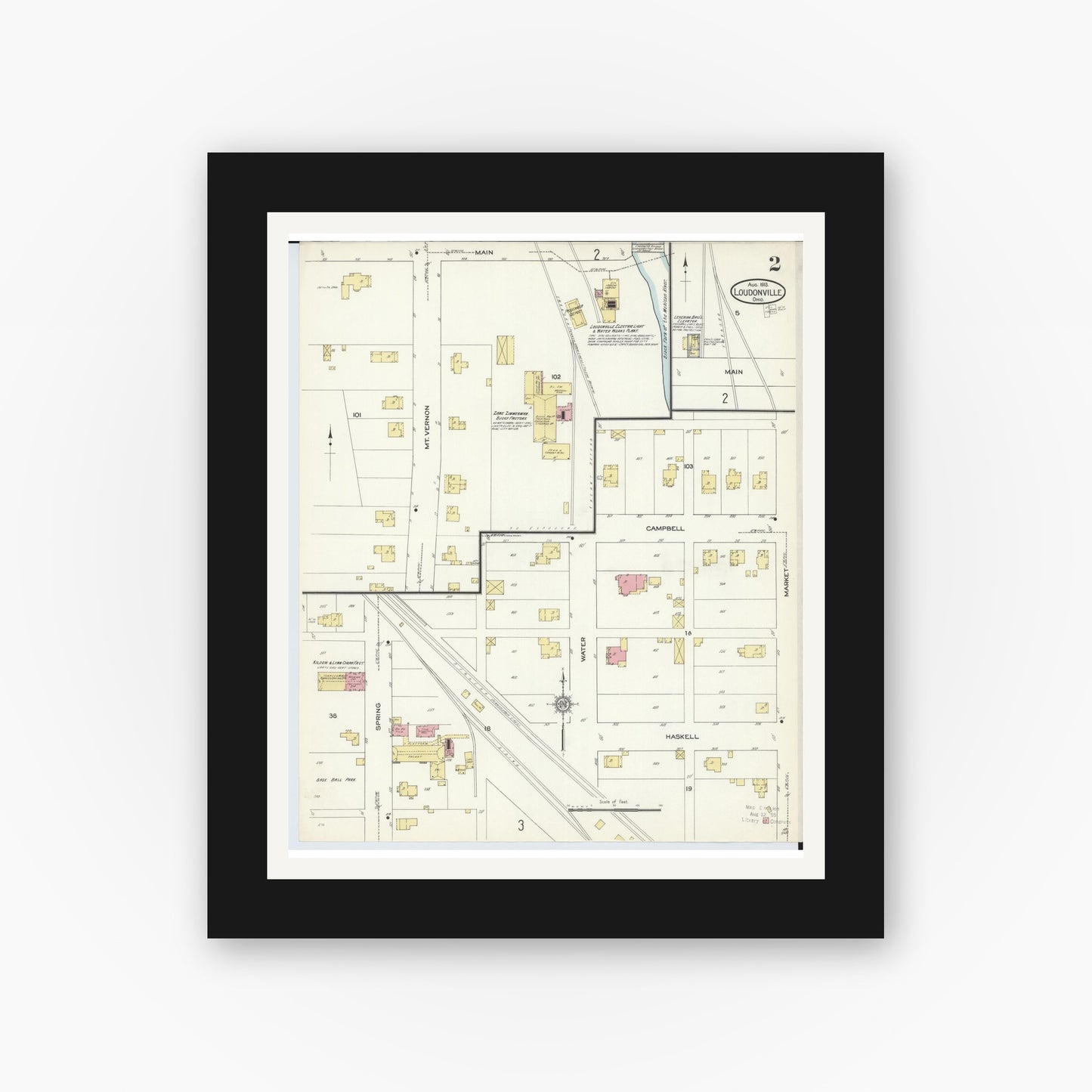 Old map wall art mockup — black gallery frame with white mat — Sanborn Fire Insurance Map from Loudonville, Ashland County, Ohio (1913), Sheet #0002