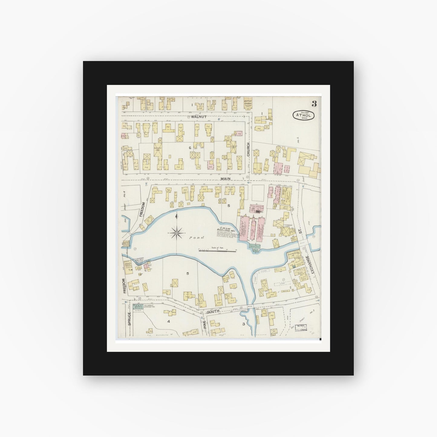 Old map wall art mockup — black gallery frame with white mat — Sanborn Fire Insurance Map from Athol, Worcester County, Massachusetts (1887), Sheet #0003