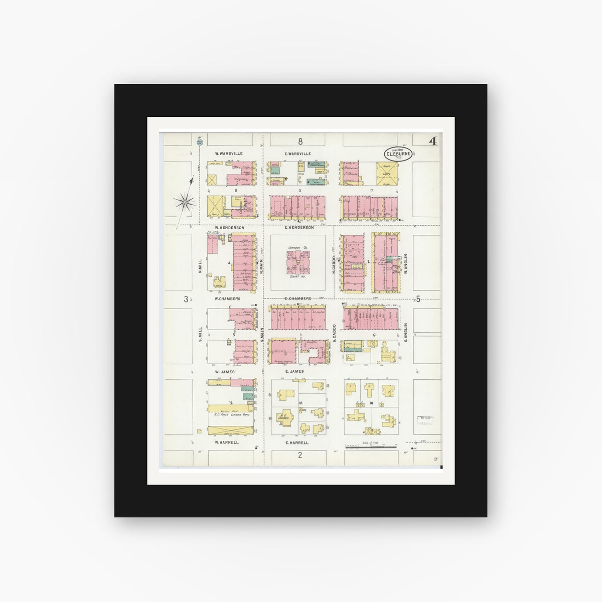 Old map wall art mockup — black gallery frame with white mat — Sanborn Fire Insurance Map from Cleburne, Johnson County, Texas (1898), Sheet #0004