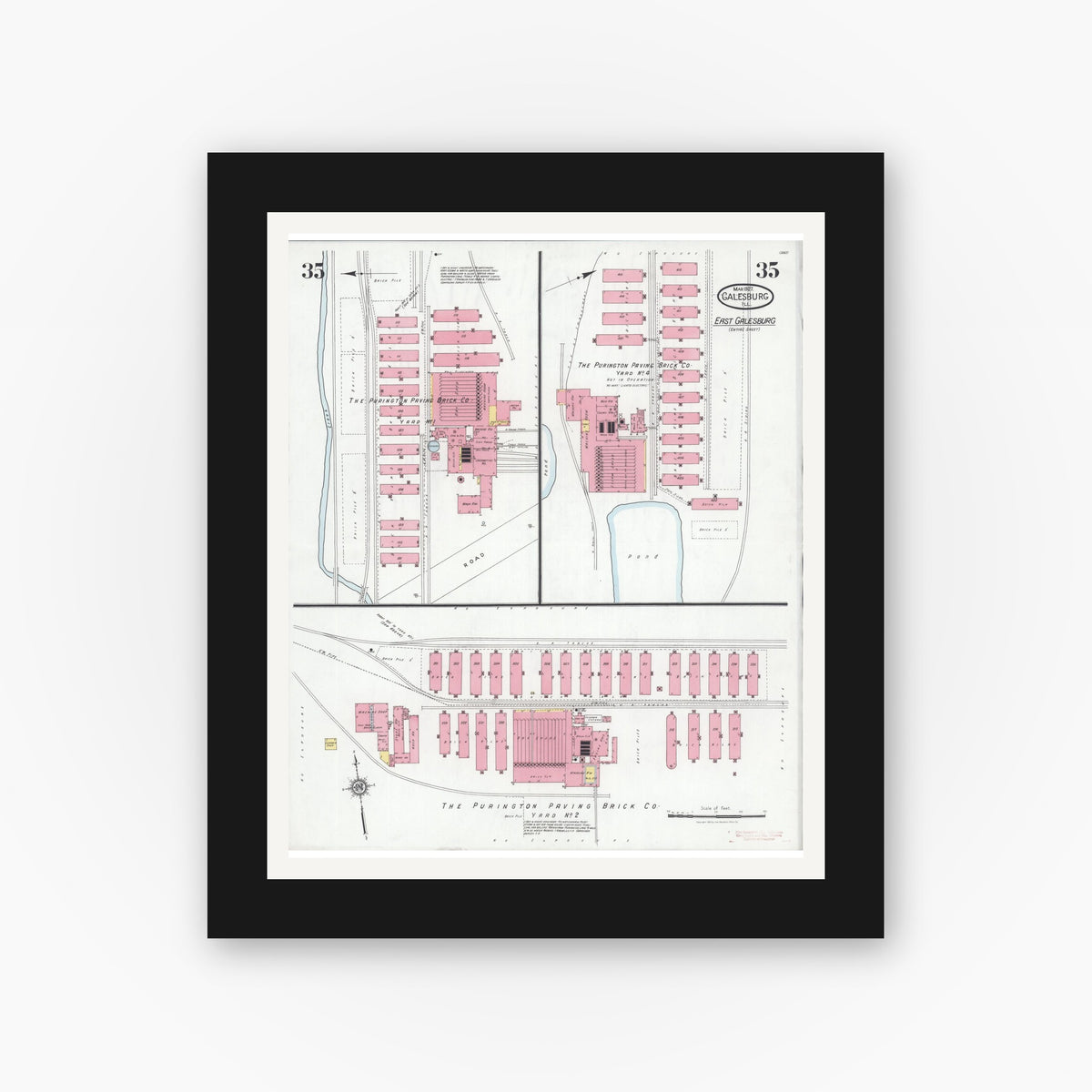 Old map wall art mockup — black gallery frame with white mat — Sanborn Fire Insurance Map from Galesburg, Knox County, Illinois (1927), Sheet #0035