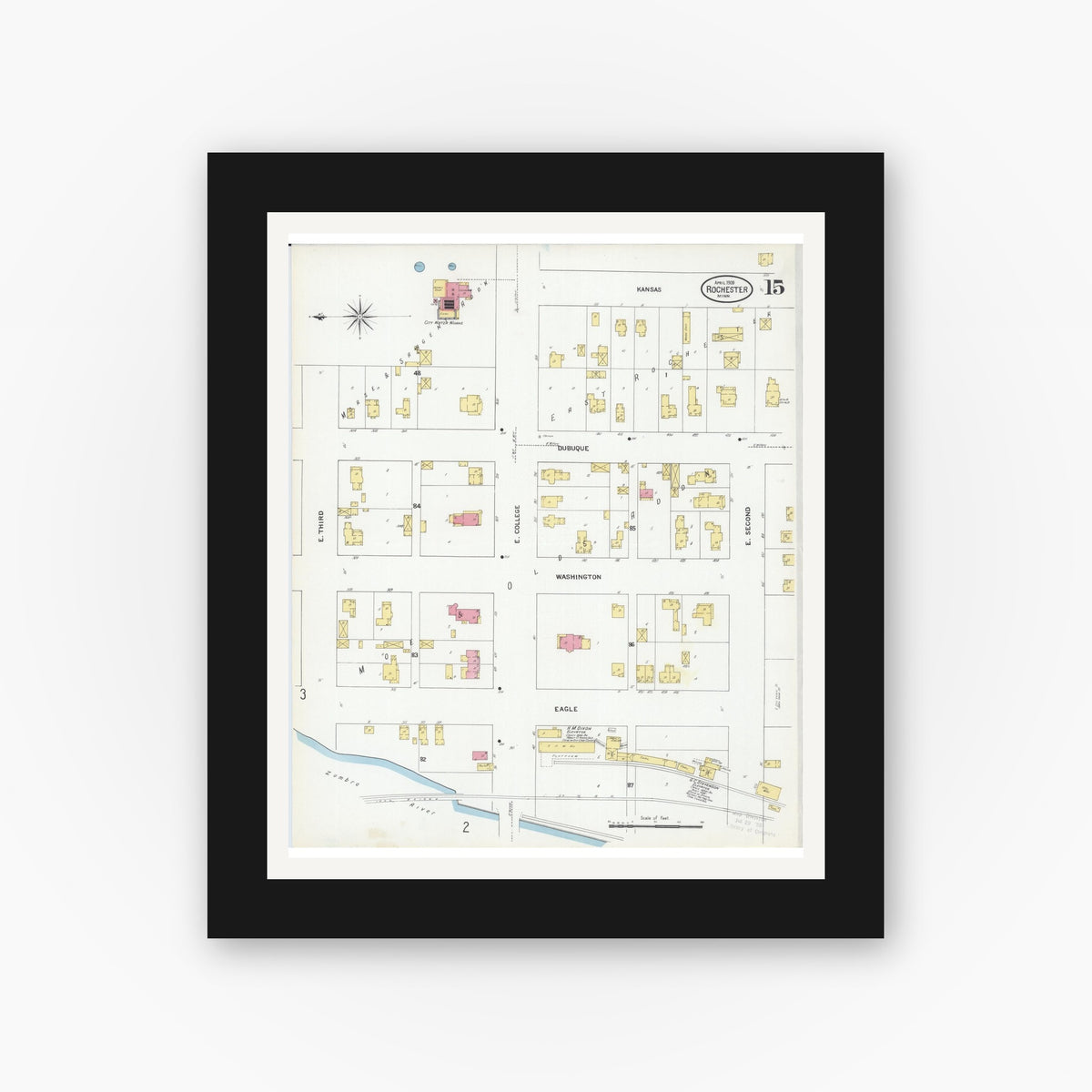 Old map wall art mockup — black gallery frame with white mat — Sanborn Fire Insurance Map from Rochester, Olmsted County, Minnesota (1909), Sheet #0015