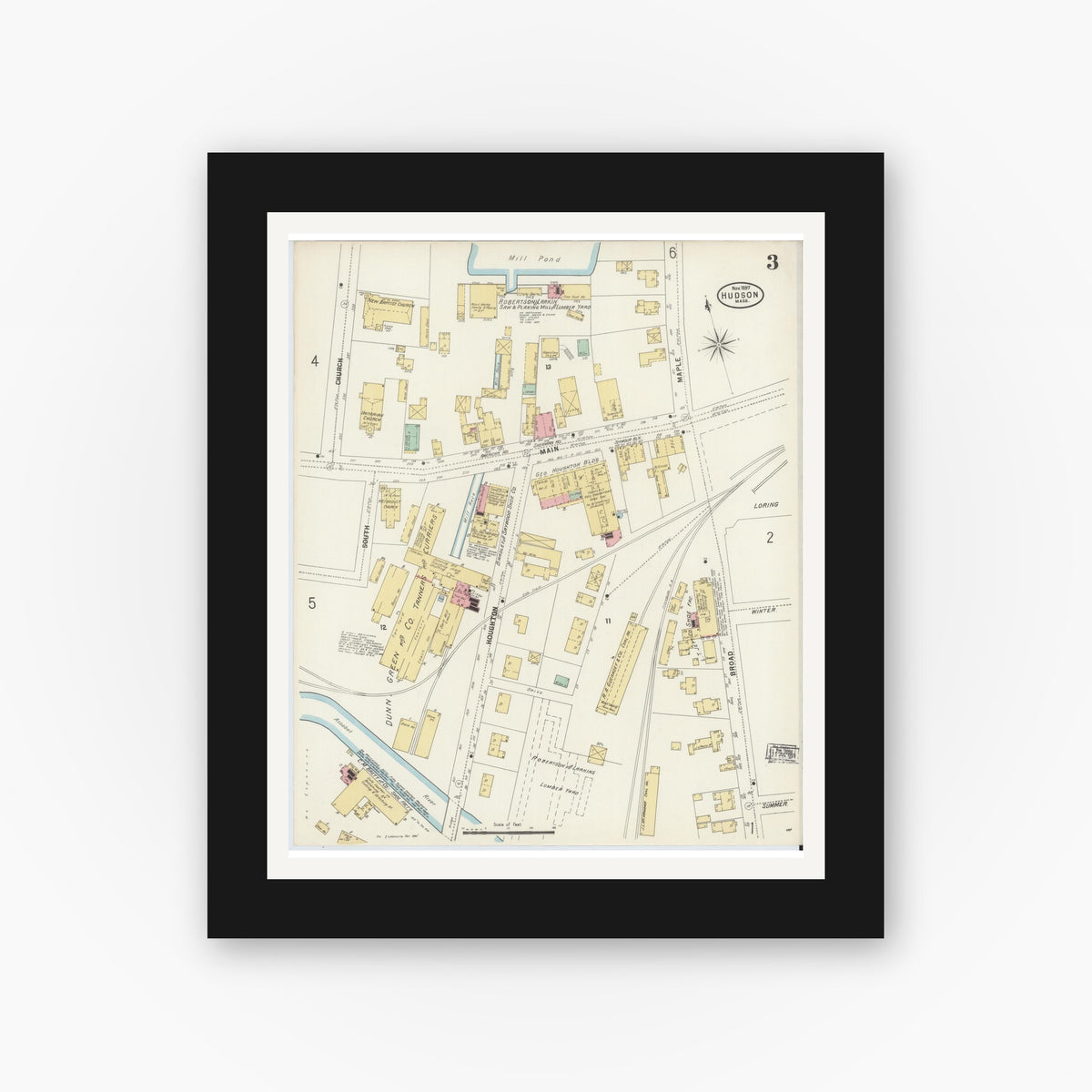 Old map wall art mockup — black gallery frame with white mat — Sanborn Fire Insurance Map from Hudson, Middlesex County, Massachusetts (1897), Sheet #0003