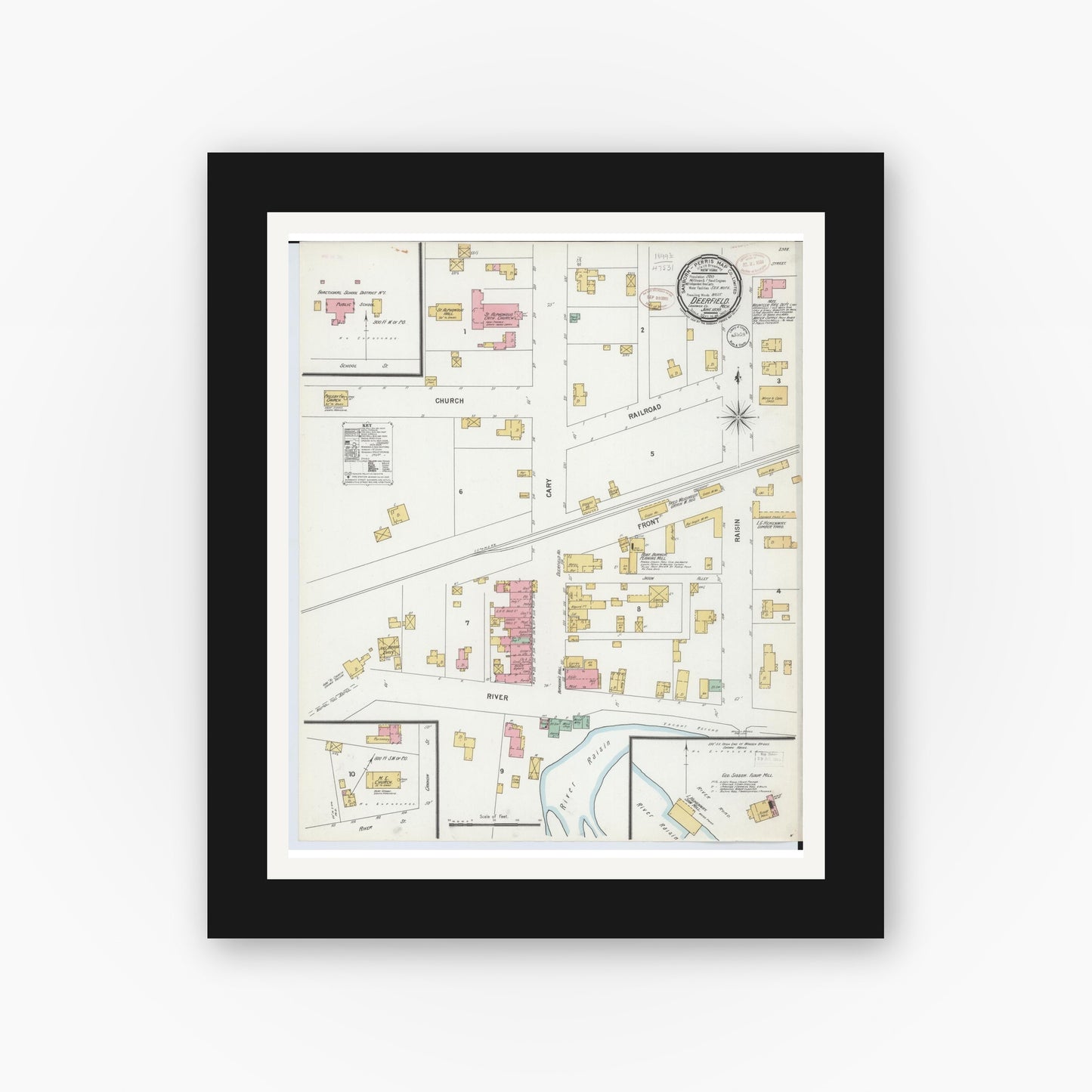Old map wall art mockup — black gallery frame with white mat — Sanborn Fire Insurance Map from Deerfield, Lenawee County, Michigan (1899), Sheet #0001