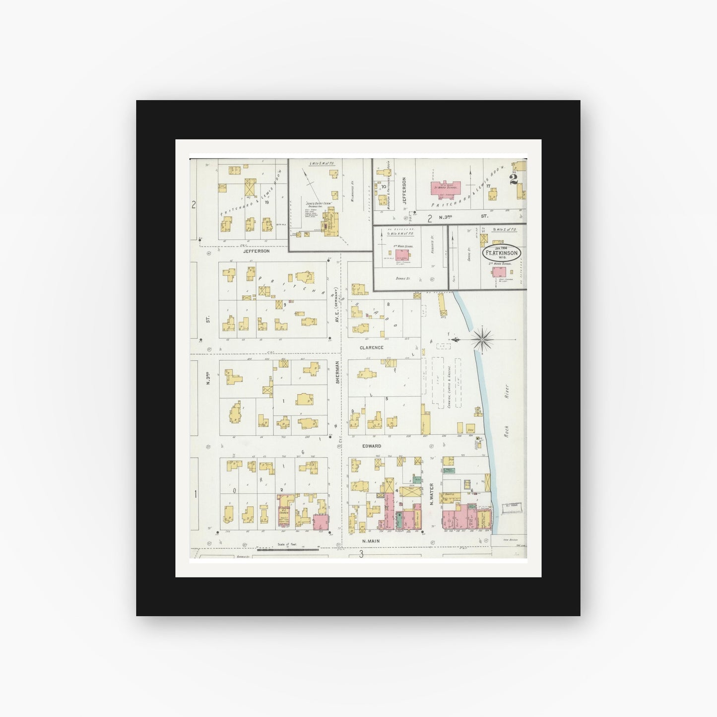 Old map wall art mockup — black gallery frame with white mat — Sanborn Fire Insurance Map from Fort Atkinson, Jefferson County, Wisconsin (1904), Sheet #0002
