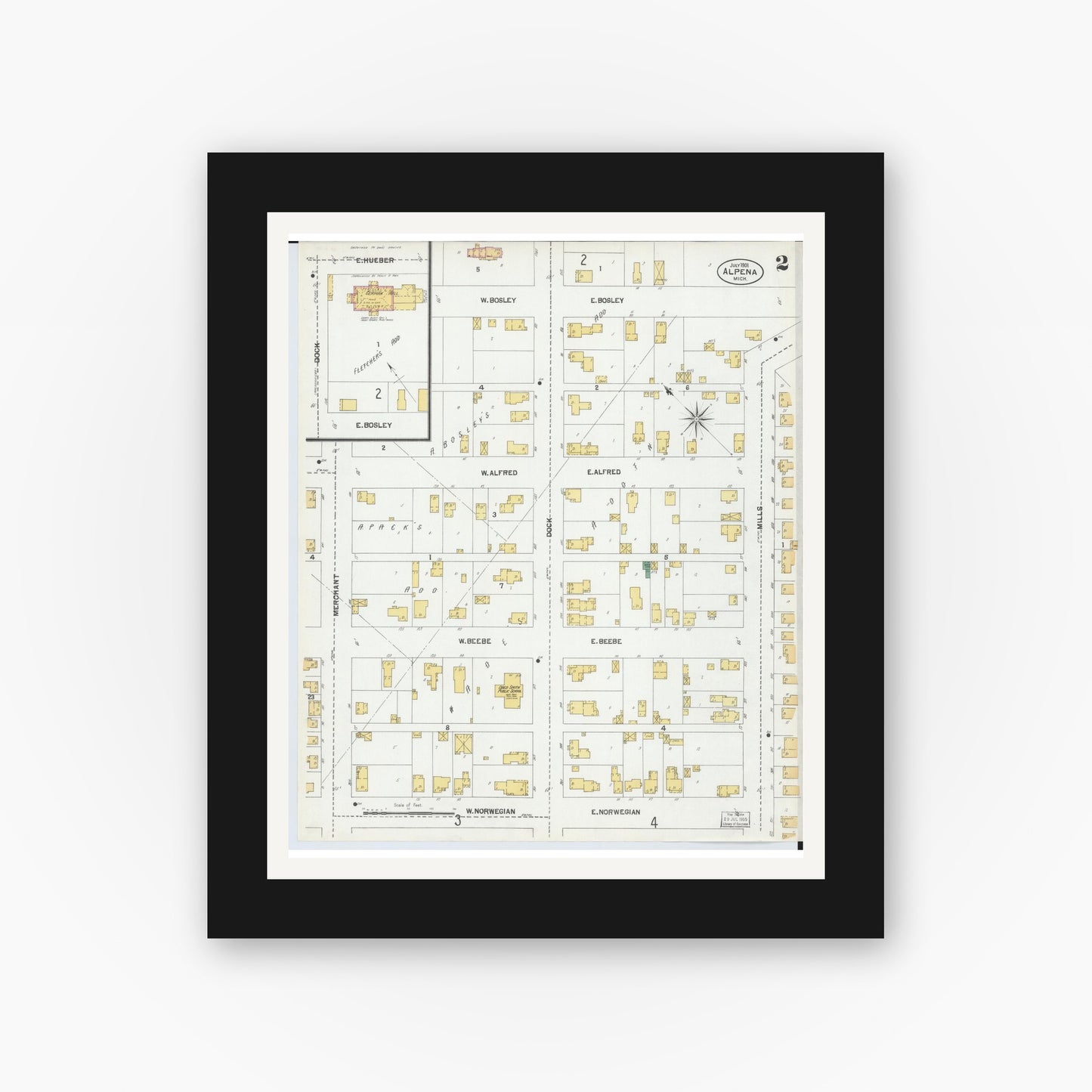 Old map wall art mockup — black gallery frame with white mat — Sanborn Fire Insurance Map from Alpena, Alpena County, Michigan (1901), Sheet #0002