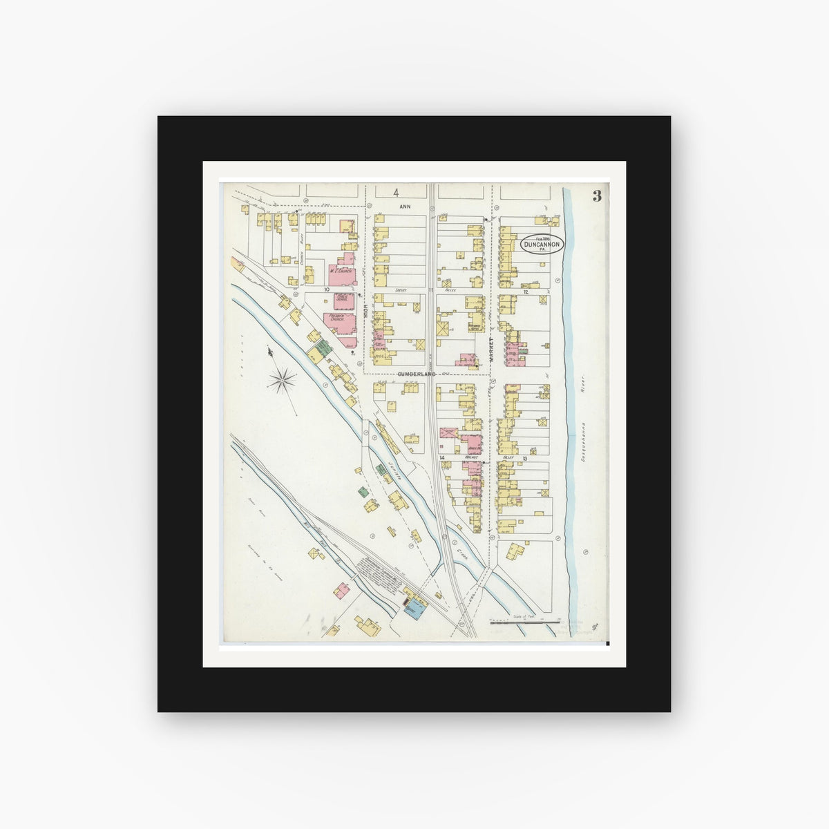 Old map wall art mockup — black gallery frame with white mat — Sanborn Fire Insurance Map from Duncannon, Perry County, Pennsylvania (1899), Sheet #0003