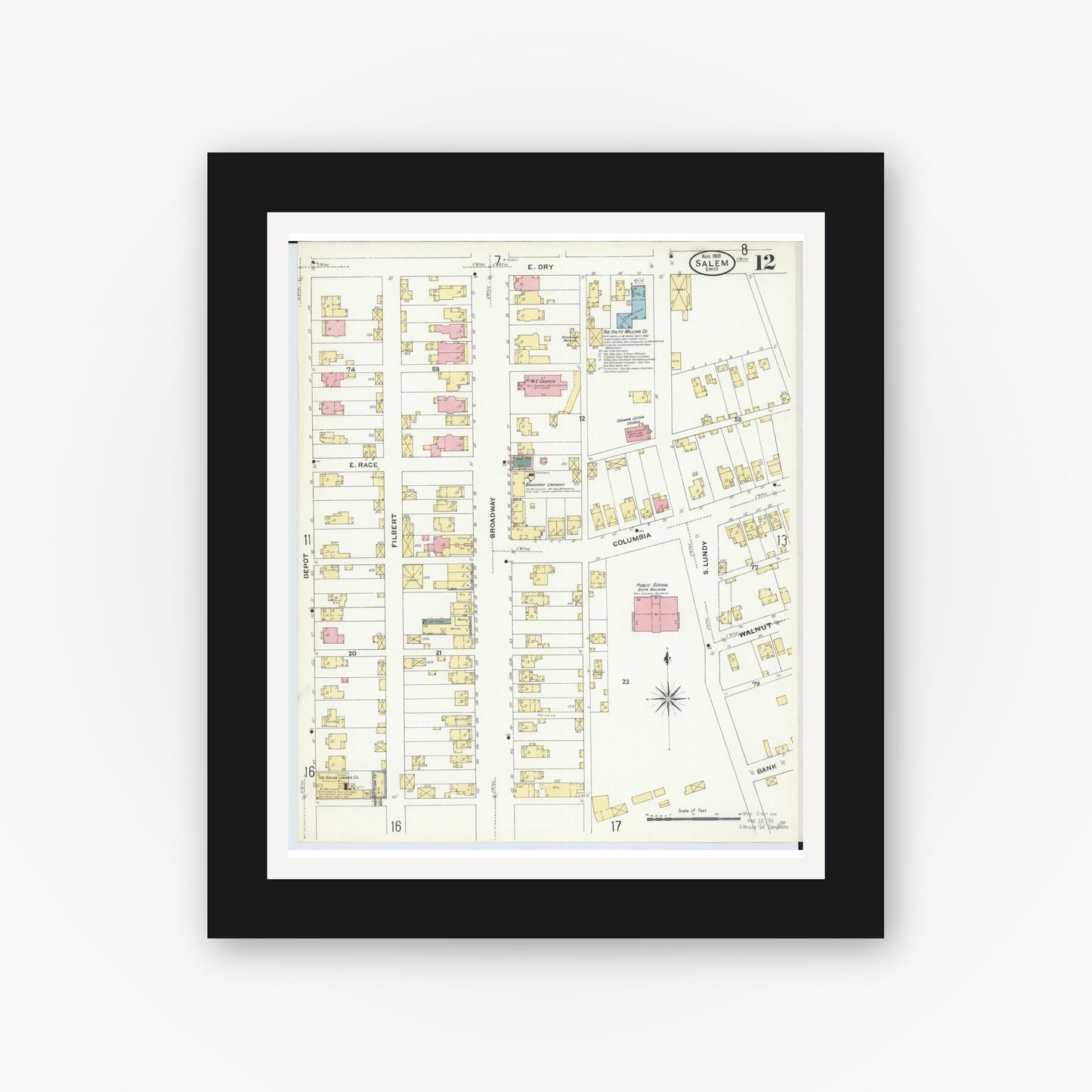 Old map wall art mockup — black gallery frame with white mat — Sanborn Fire Insurance Map from Salem, Columbiana County, Ohio (1909), Sheet #0012