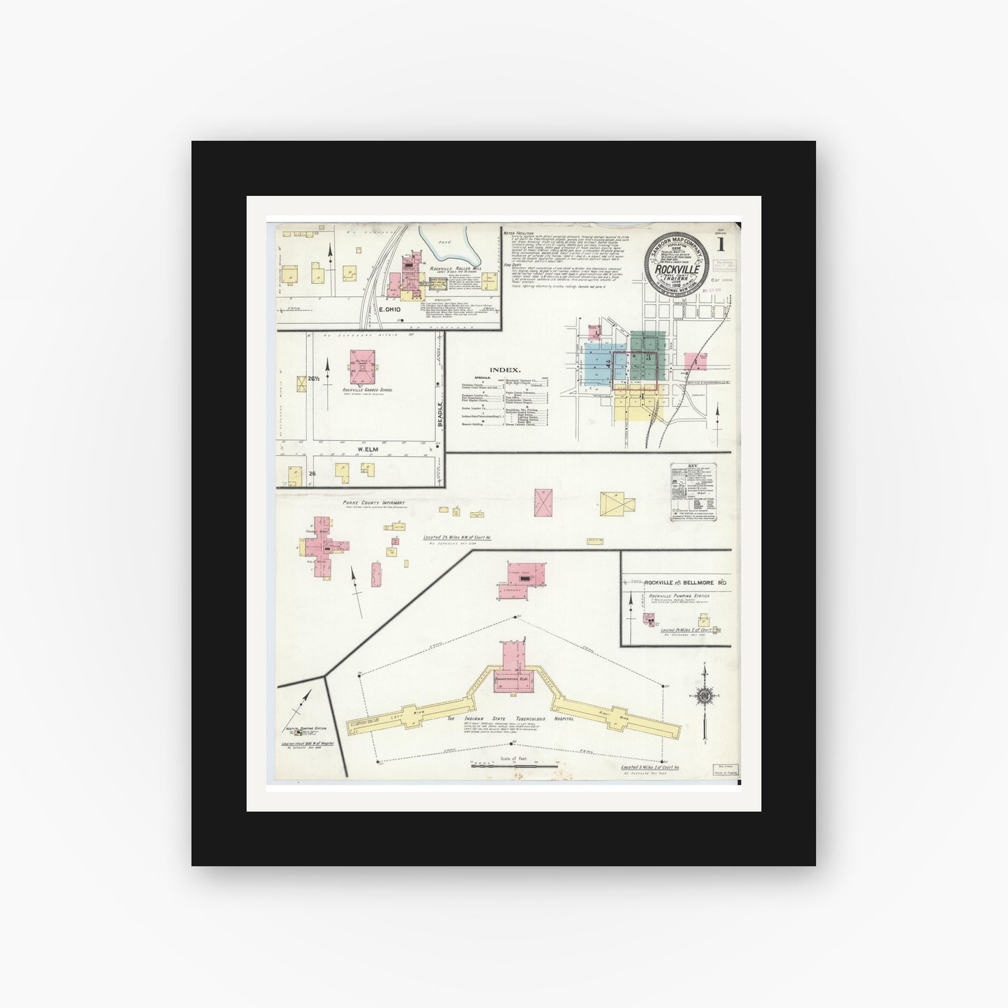 Old map wall art mockup — black gallery frame with white mat — Sanborn Fire Insurance Map from Rockville, Parke County, Indiana (1910), Sheet #0001