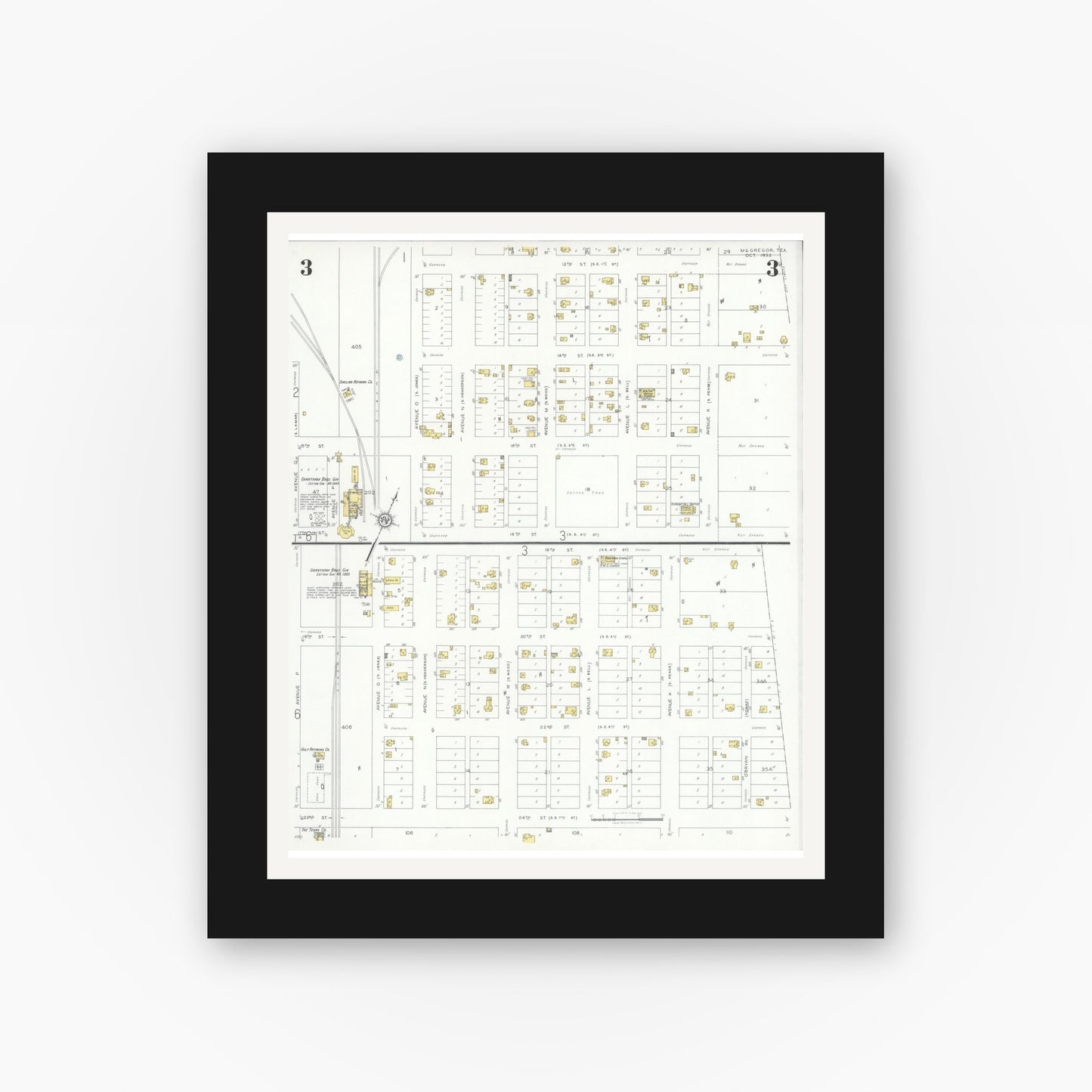 Old map wall art mockup — black gallery frame with white mat — Sanborn Fire Insurance Map from McGregor, McLennan County, Texas (1932), Sheet #0003