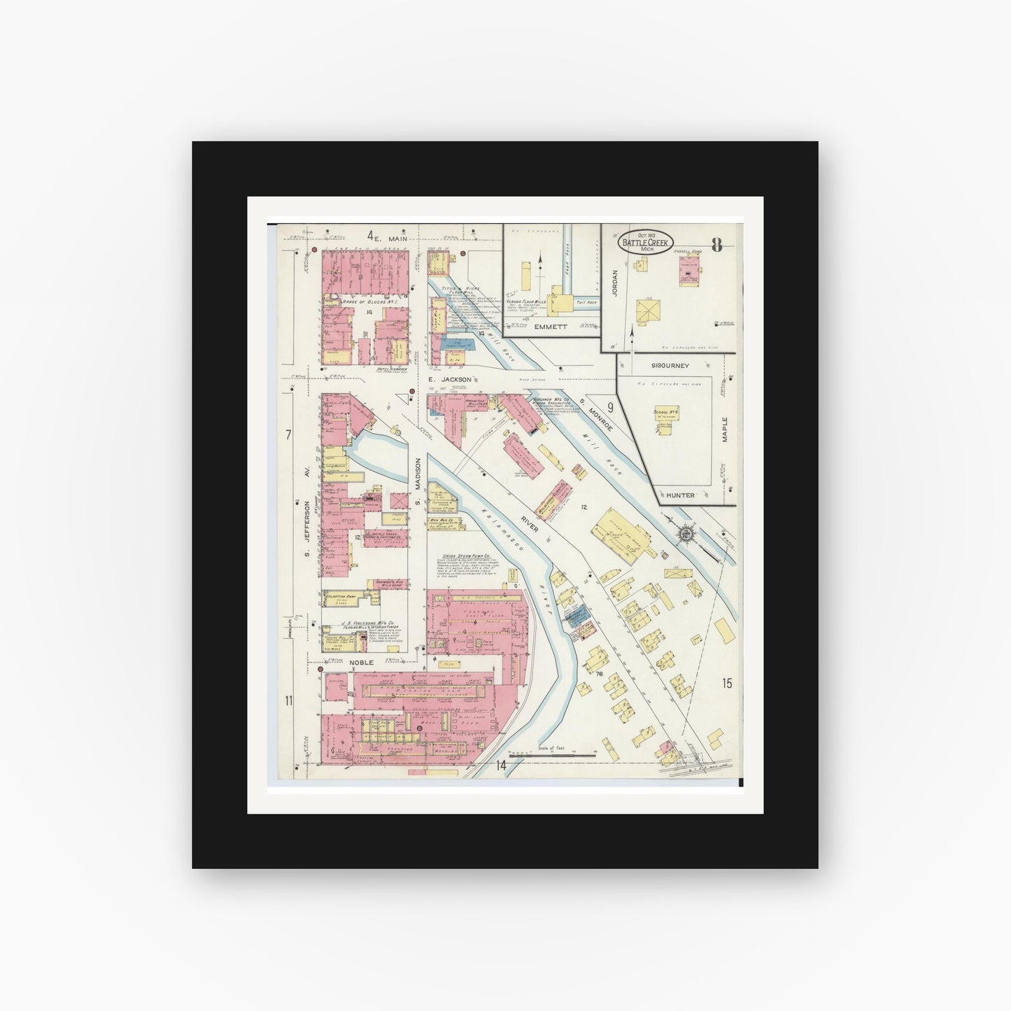Old map wall art mockup — black gallery frame with white mat — Sanborn Fire Insurance Map from Battle Creek, Calhoun County, Michigan (1913), Sheet #0008