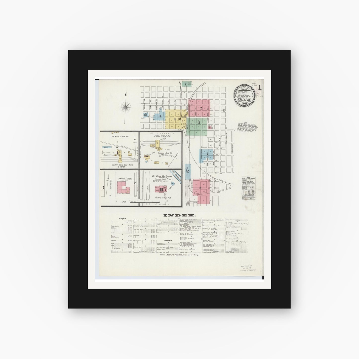 Old map wall art mockup — black gallery frame with white mat — Sanborn Fire Insurance Map from Wellston, Jackson County, Ohio (1897), Sheet #0001