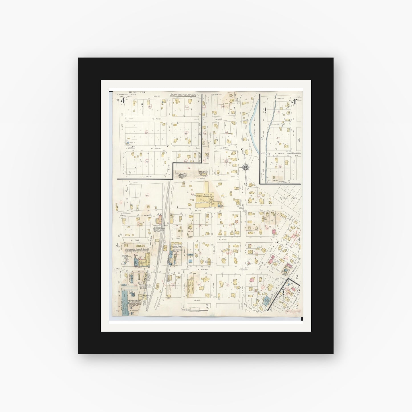 Old map wall art mockup — black gallery frame with white mat — Sanborn Fire Insurance Map from Chesaning, Saginaw County, Michigan (1944), Sheet #0004