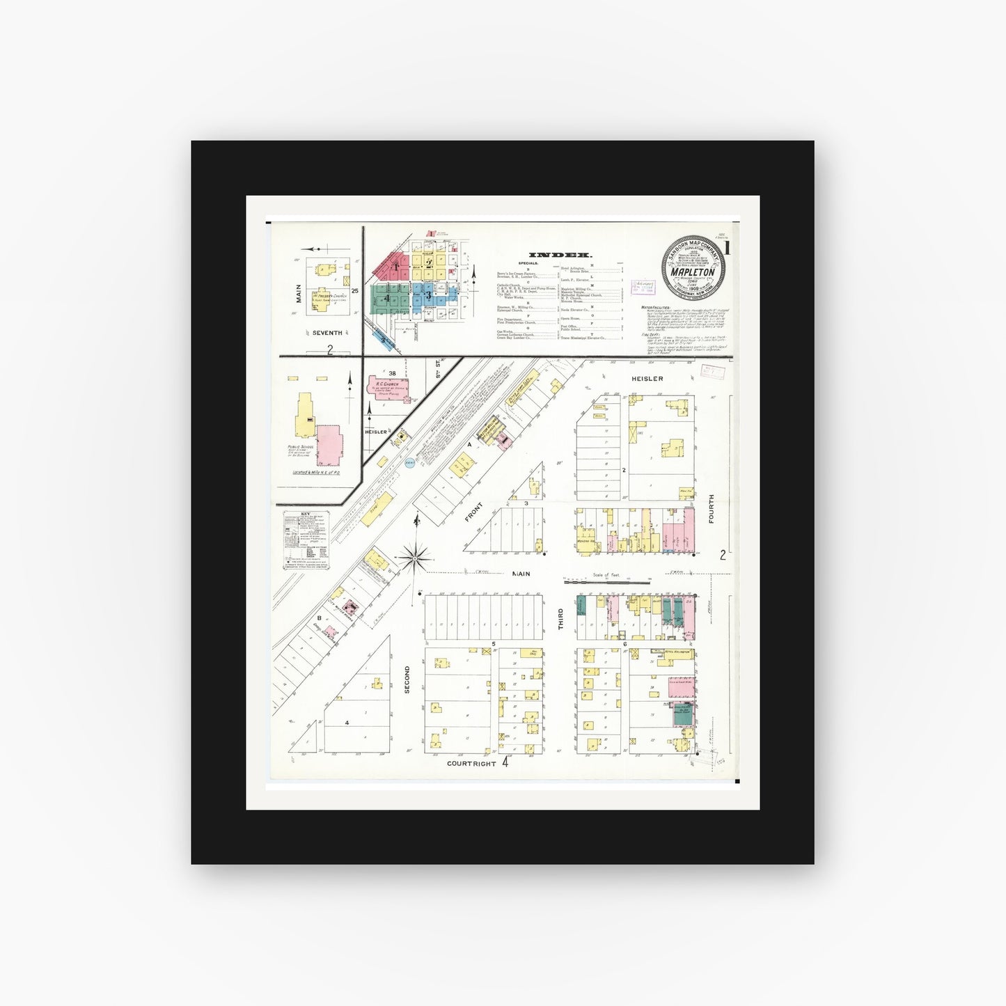 Old map wall art mockup — black gallery frame with white mat — Sanborn Fire Insurance Map from Mapleton, Monona County, Iowa (1909), Sheet #0001