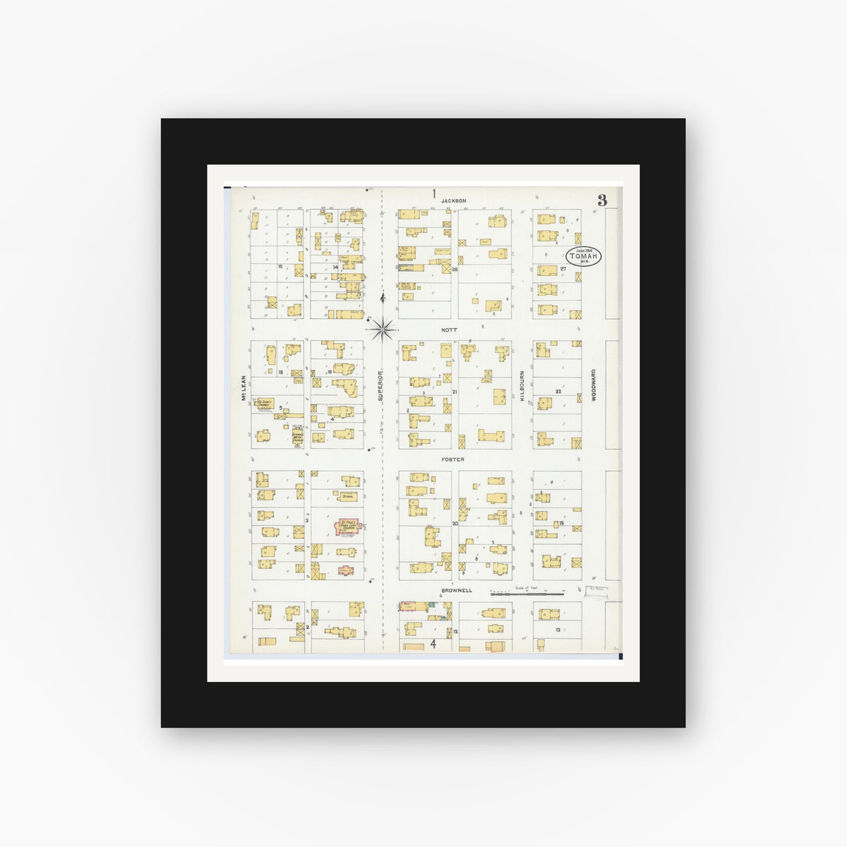 Old map wall art mockup — black gallery frame with white mat — Sanborn Fire Insurance Map from Tomah, Monroe County, Wisconsin (1904), Sheet #0003