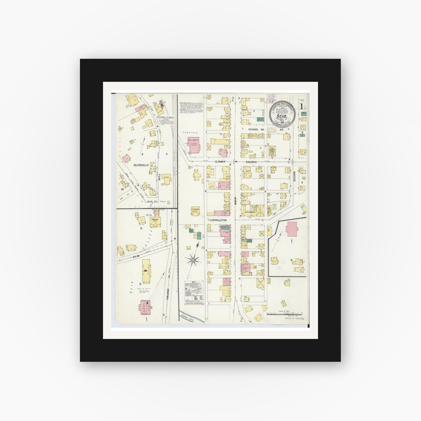 Old map wall art mockup — black gallery frame with white mat — Sanborn Fire Insurance Map from Scio, Harrison County, Ohio (1907) - Complete Map Set