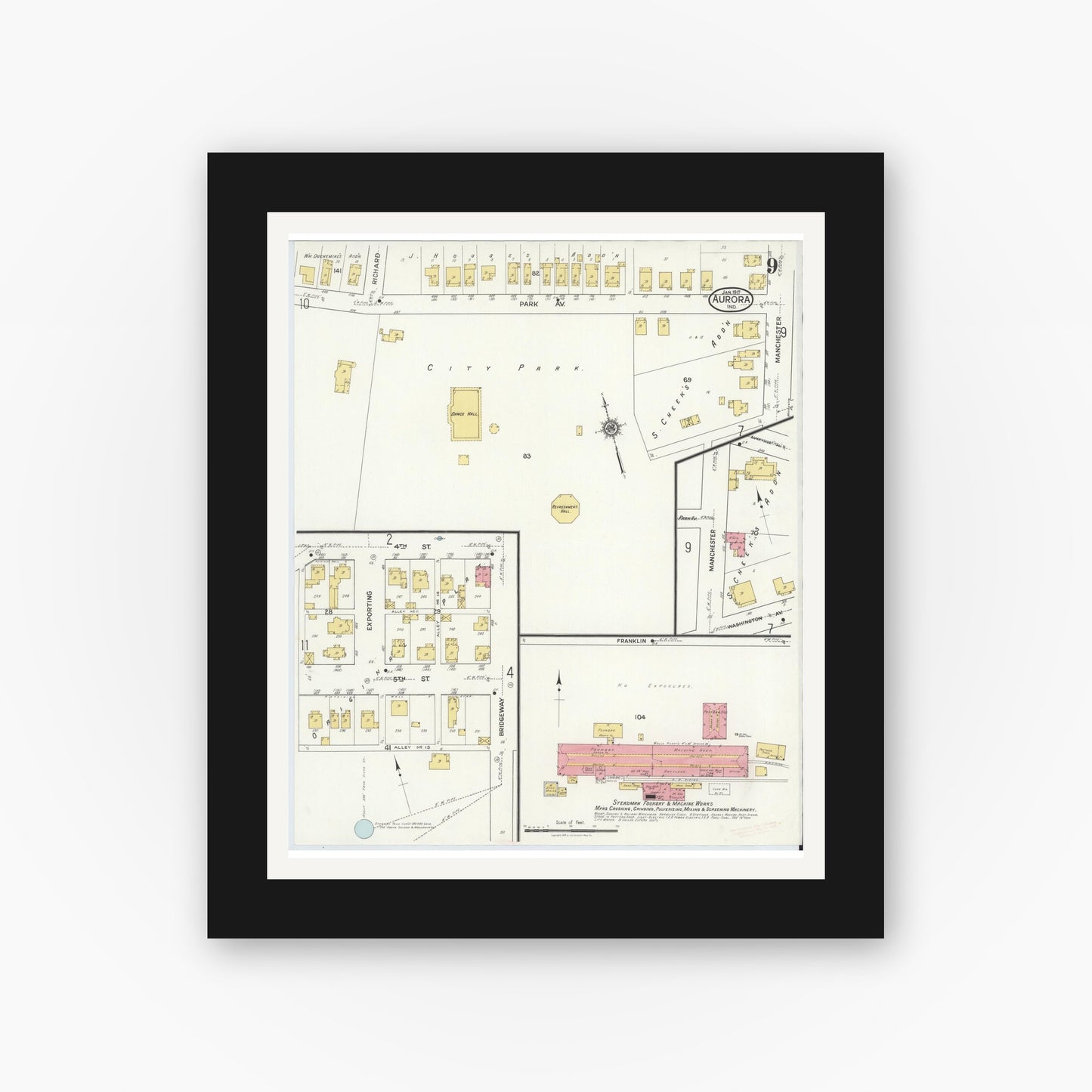 Old map wall art mockup — black gallery frame with white mat — Sanborn Fire Insurance Map from Aurora, Dearborn County, Indiana (1917), Sheet #0009