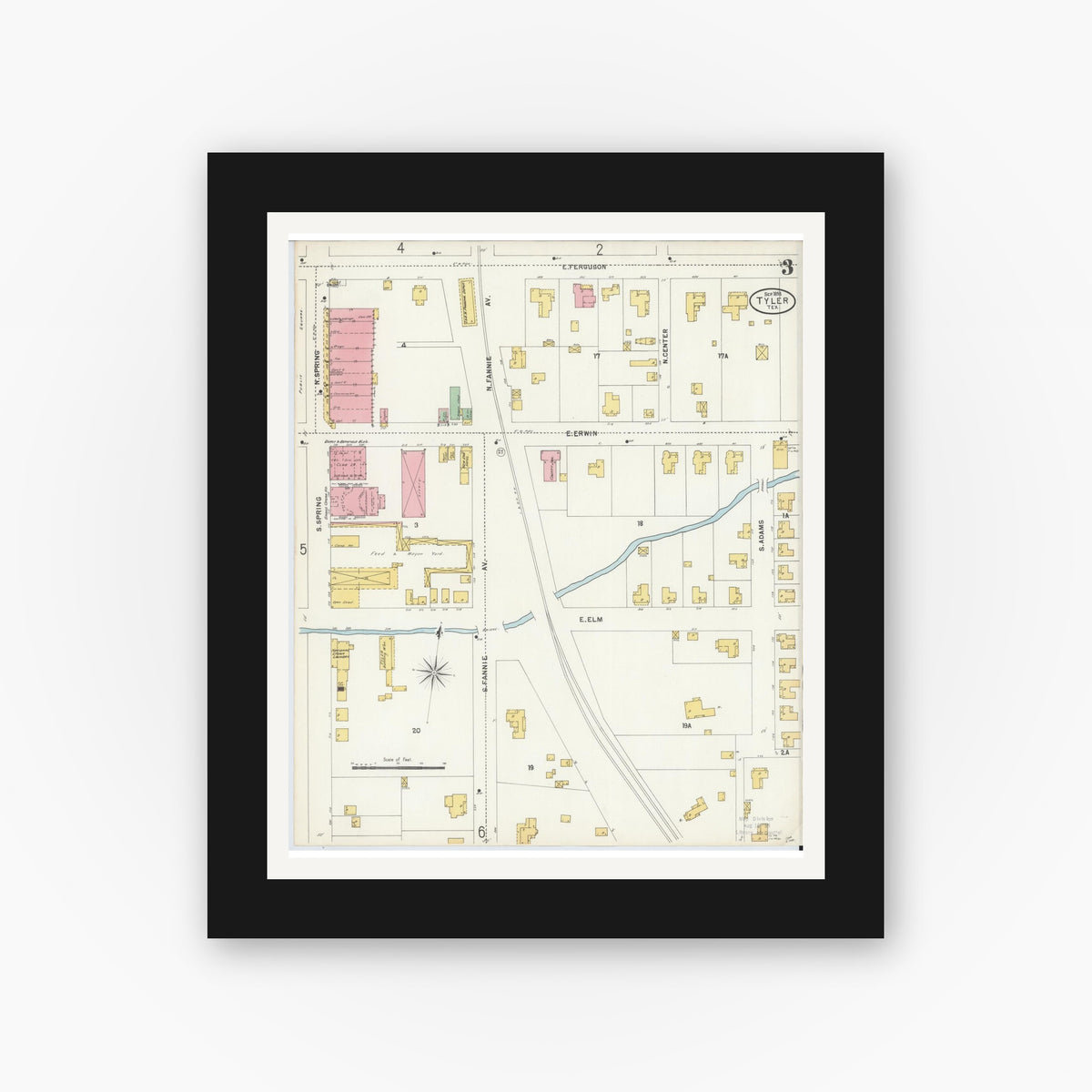 Old map wall art mockup — black gallery frame with white mat — Sanborn Fire Insurance Map from Tyler, Smith County, Texas (1898), Sheet #0003