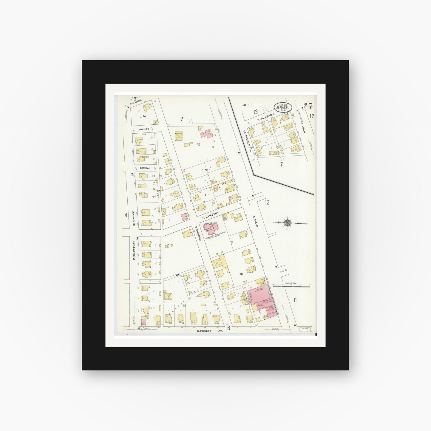 Old map wall art mockup — black gallery frame with white mat — Sanborn Fire Insurance Map from Brazil, Clay County, Indiana (1910), Sheet #0007