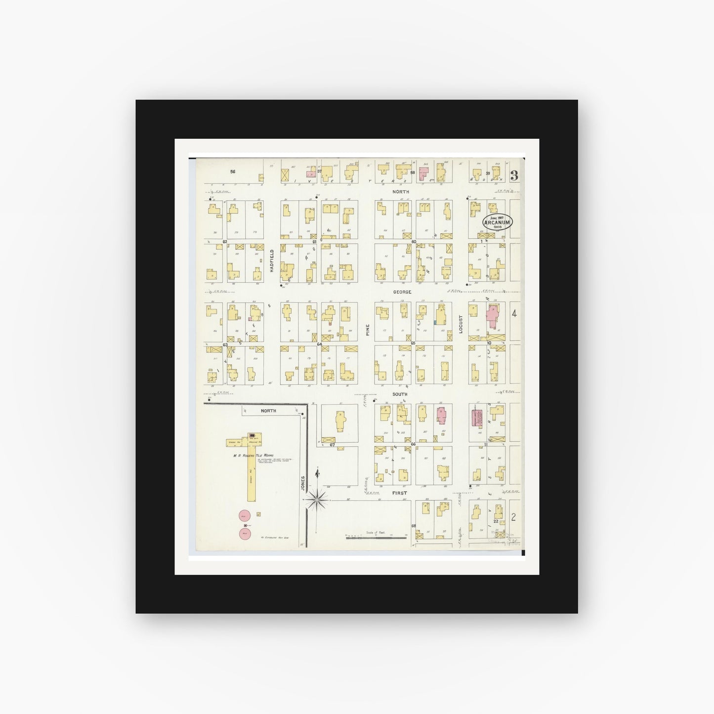 Old map wall art mockup — black gallery frame with white mat — Sanborn Fire Insurance Map from Arcanum, Darke County, Ohio (1907), Sheet #0003