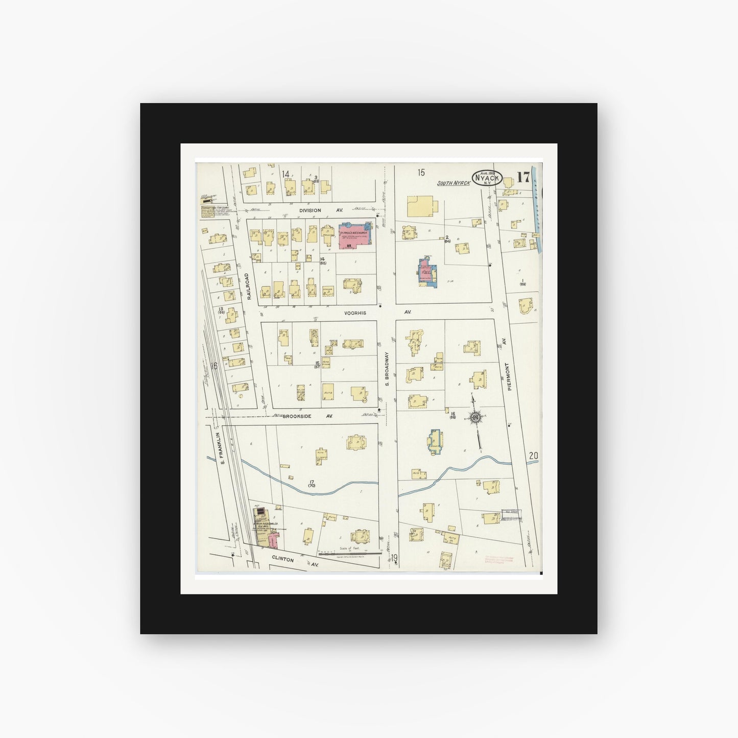 Old map wall art mockup — black gallery frame with white mat — Sanborn Fire Insurance Map from Nyack, Rockland County, New York. (1919), Sheet #0017