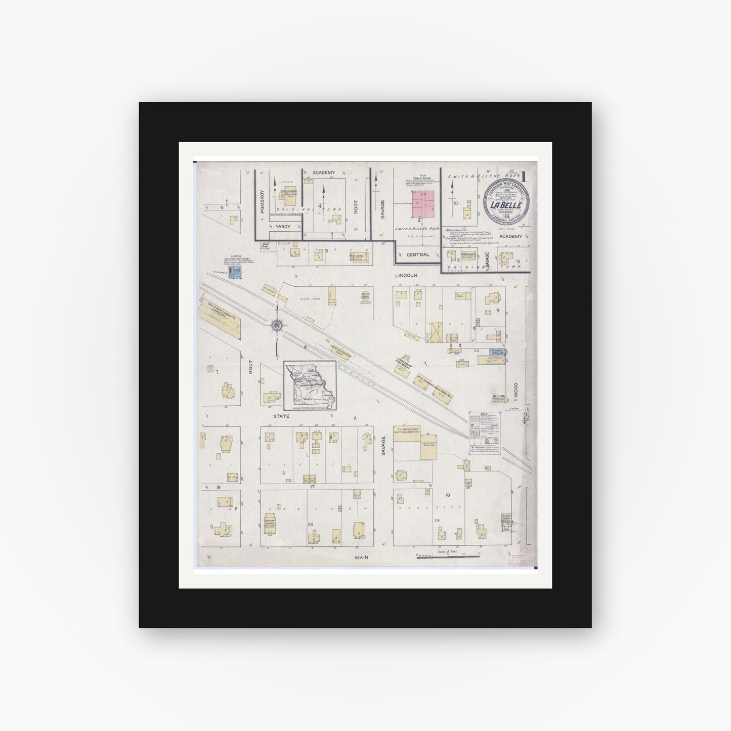 Old map wall art mockup — black gallery frame with white mat — Sanborn Fire Insurance Map from La Belle, Lewis County, Missouri (1914), Sheet #0001