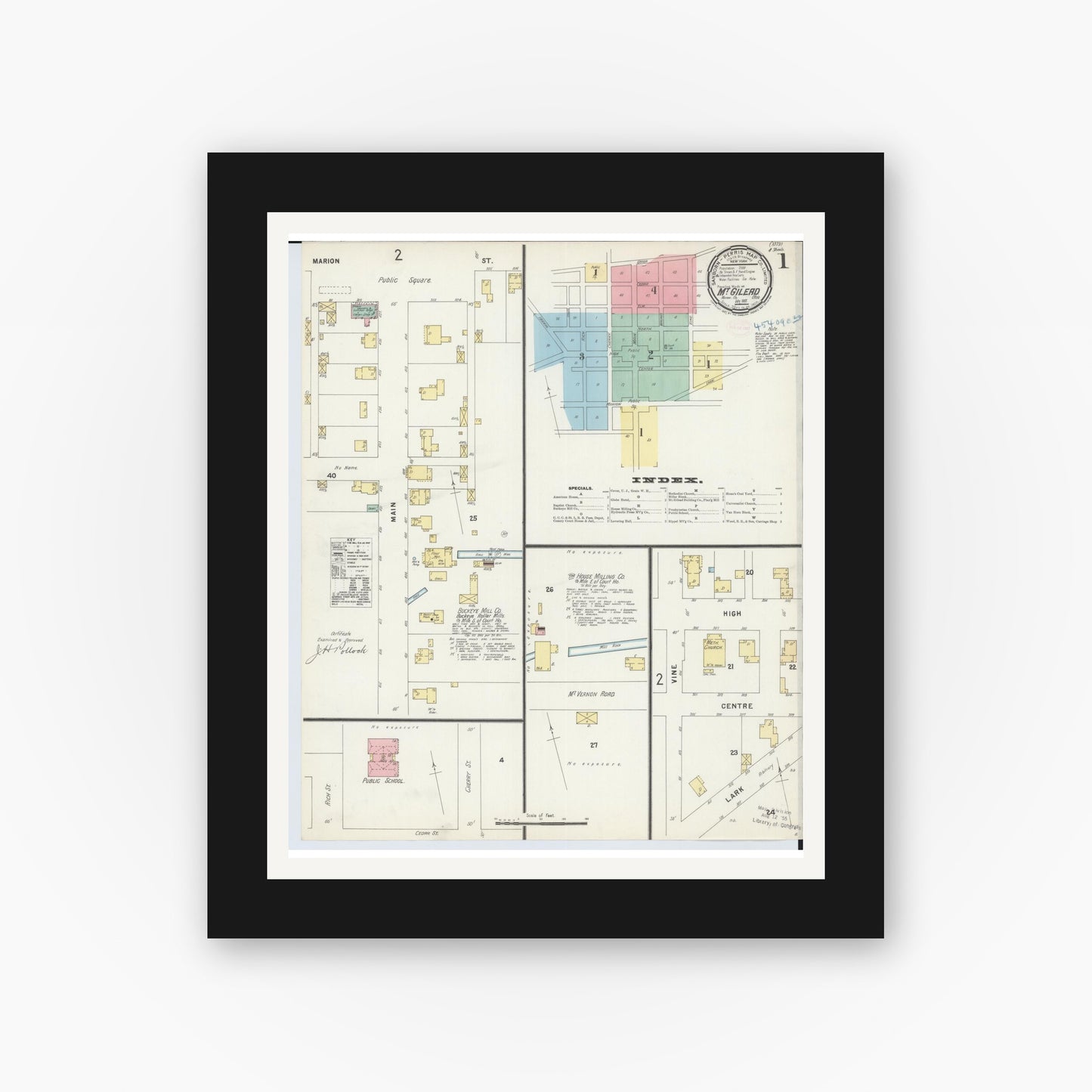 Old map wall art mockup — black gallery frame with white mat — Sanborn Fire Insurance Map from Mount Gilead, Morrow County, Ohio (1897), Sheet #0001
