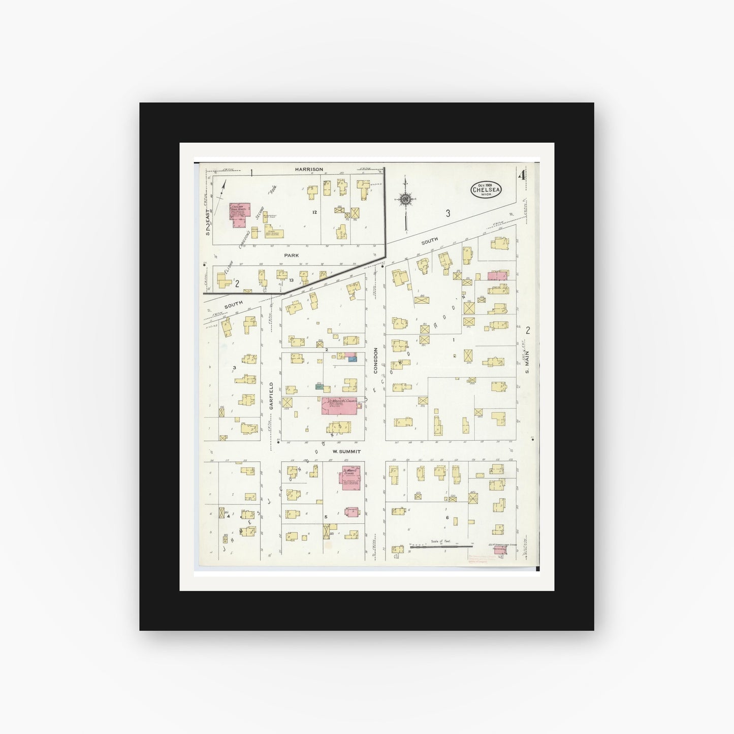 Old map wall art mockup — black gallery frame with white mat — Sanborn Fire Insurance Map from Chelsea, Washtenaw County, Michigan (1909), Sheet #0004