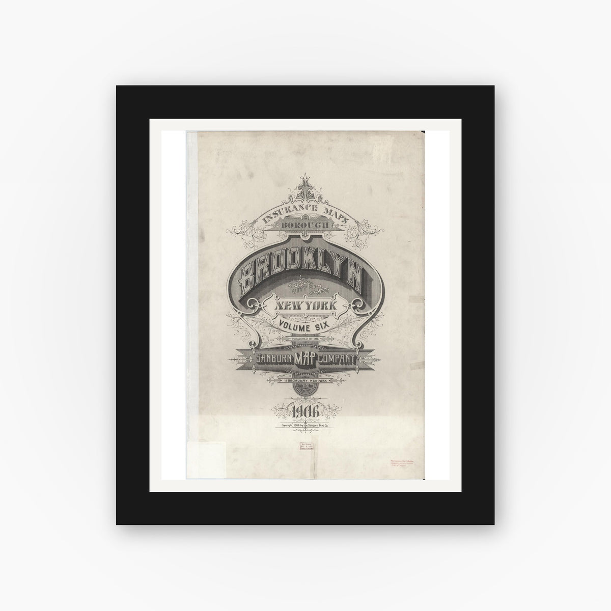 Old map wall art mockup — black gallery frame with white mat — Sanborn Fire Insurance Map from Brooklyn, Kings County, New York (1906), Sheet #0001