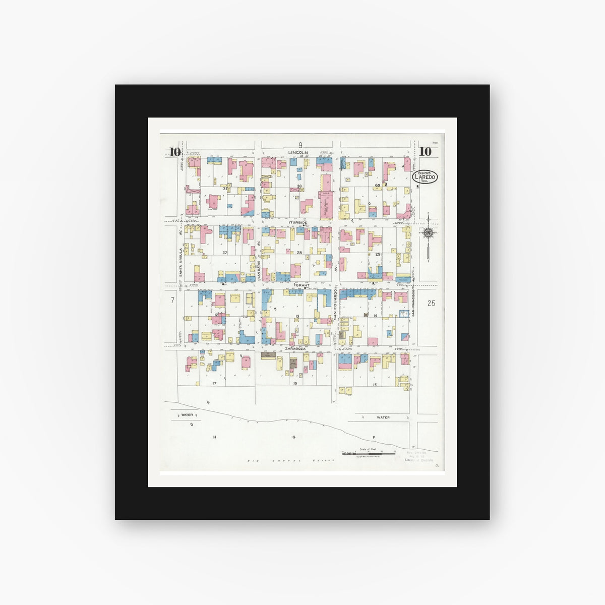 Old map wall art mockup — black gallery frame with white mat — Sanborn Fire Insurance Map from Laredo, Webb County, Texas (1925), Sheet #0010