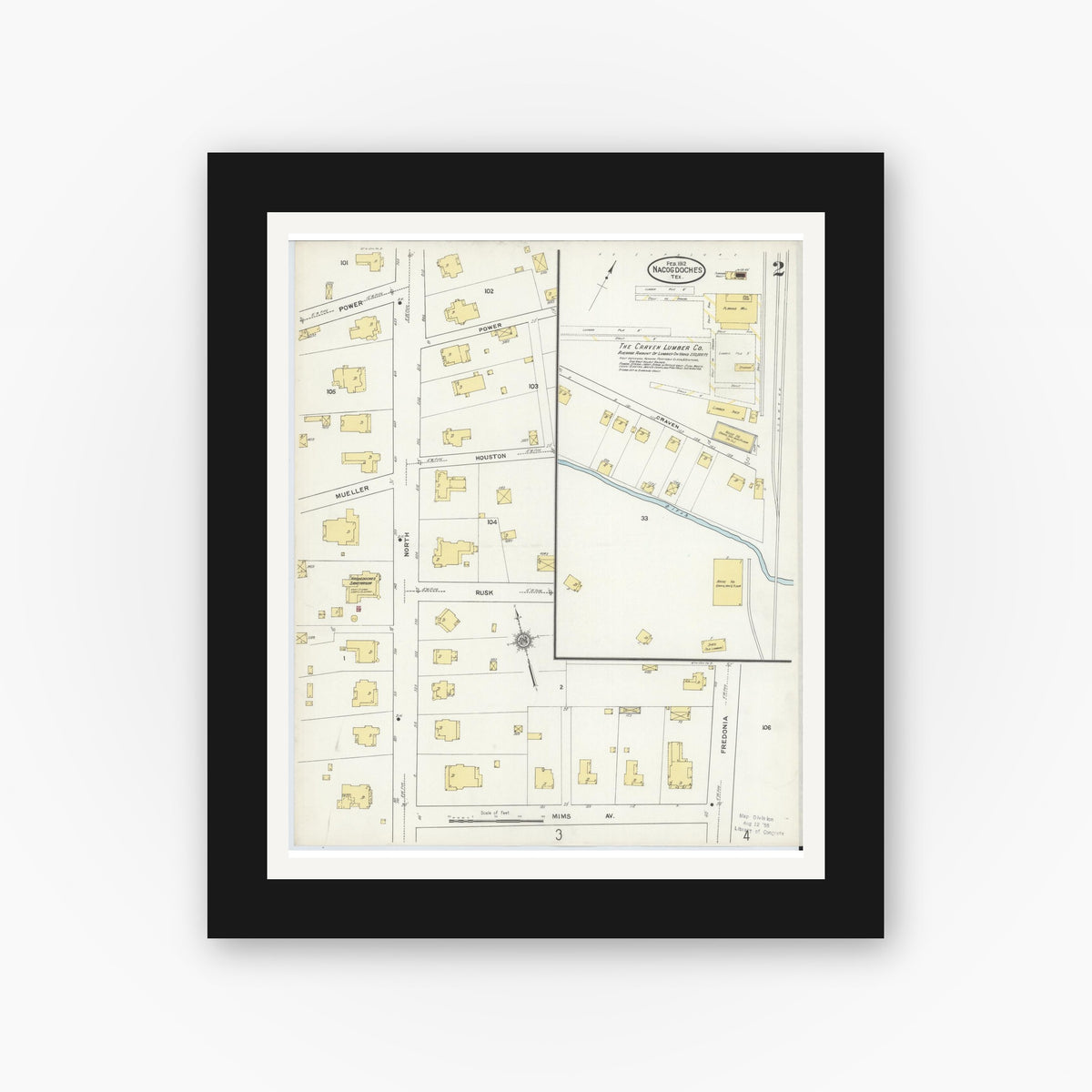 Old map wall art mockup — black gallery frame with white mat — Sanborn Fire Insurance Map from Nacogdoches, Nacogdoches County, Texas (1912), Sheet #0002