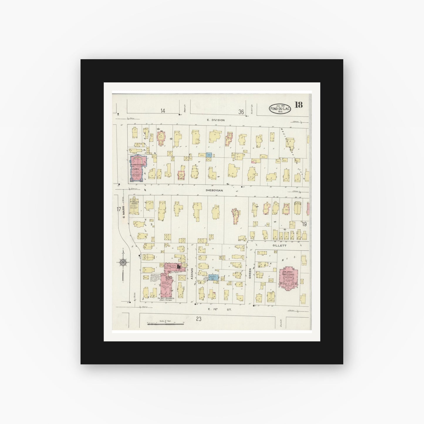 Old map wall art mockup — black gallery frame with white mat — Sanborn Fire Insurance Map from Fond du Lac, Fond du Lac County, Wisconsin (1915), Sheet #0018
