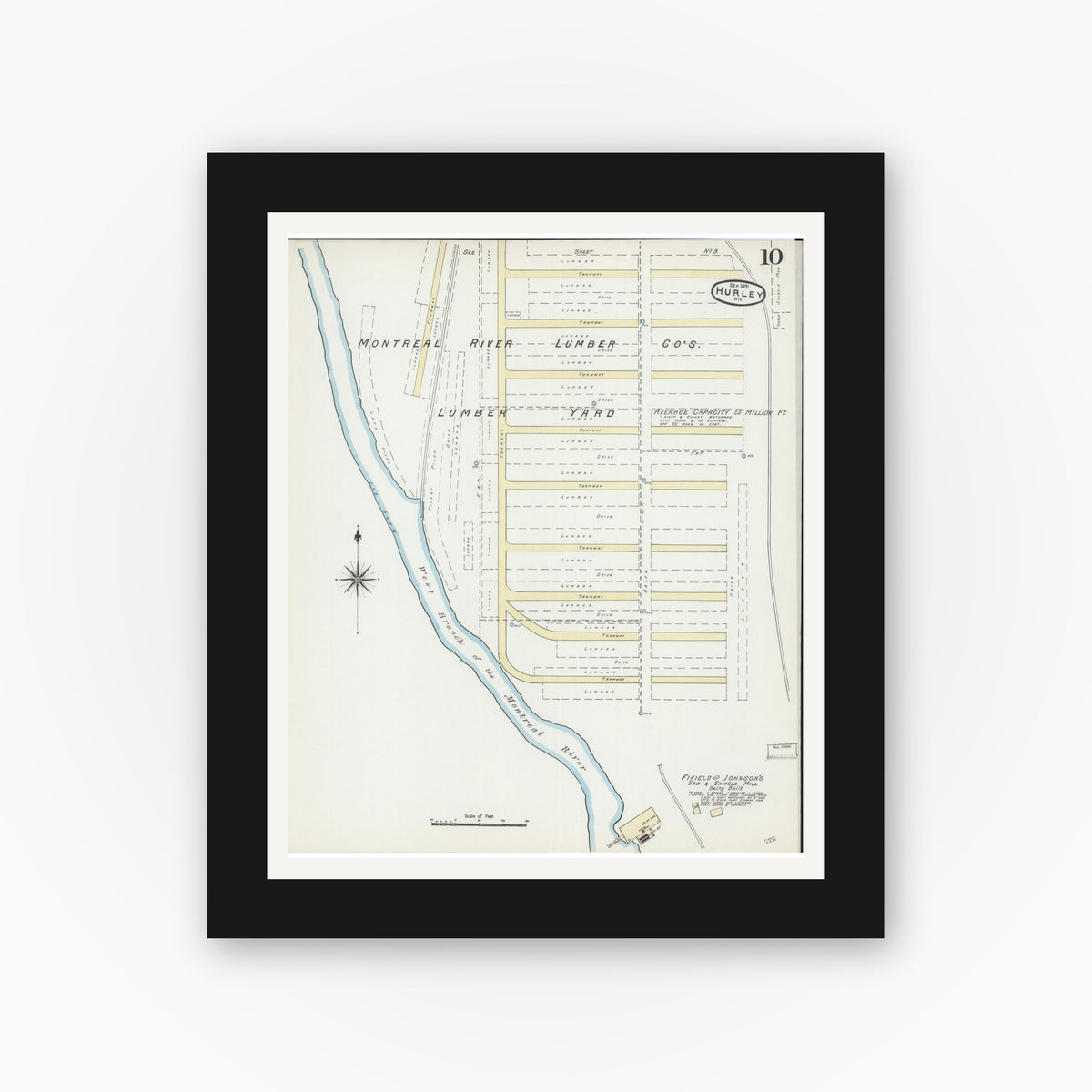 Old map wall art mockup — black gallery frame with white mat — Sanborn Fire Insurance Map from Hurley, Iron County, Wisconsin (1891), Sheet #0010